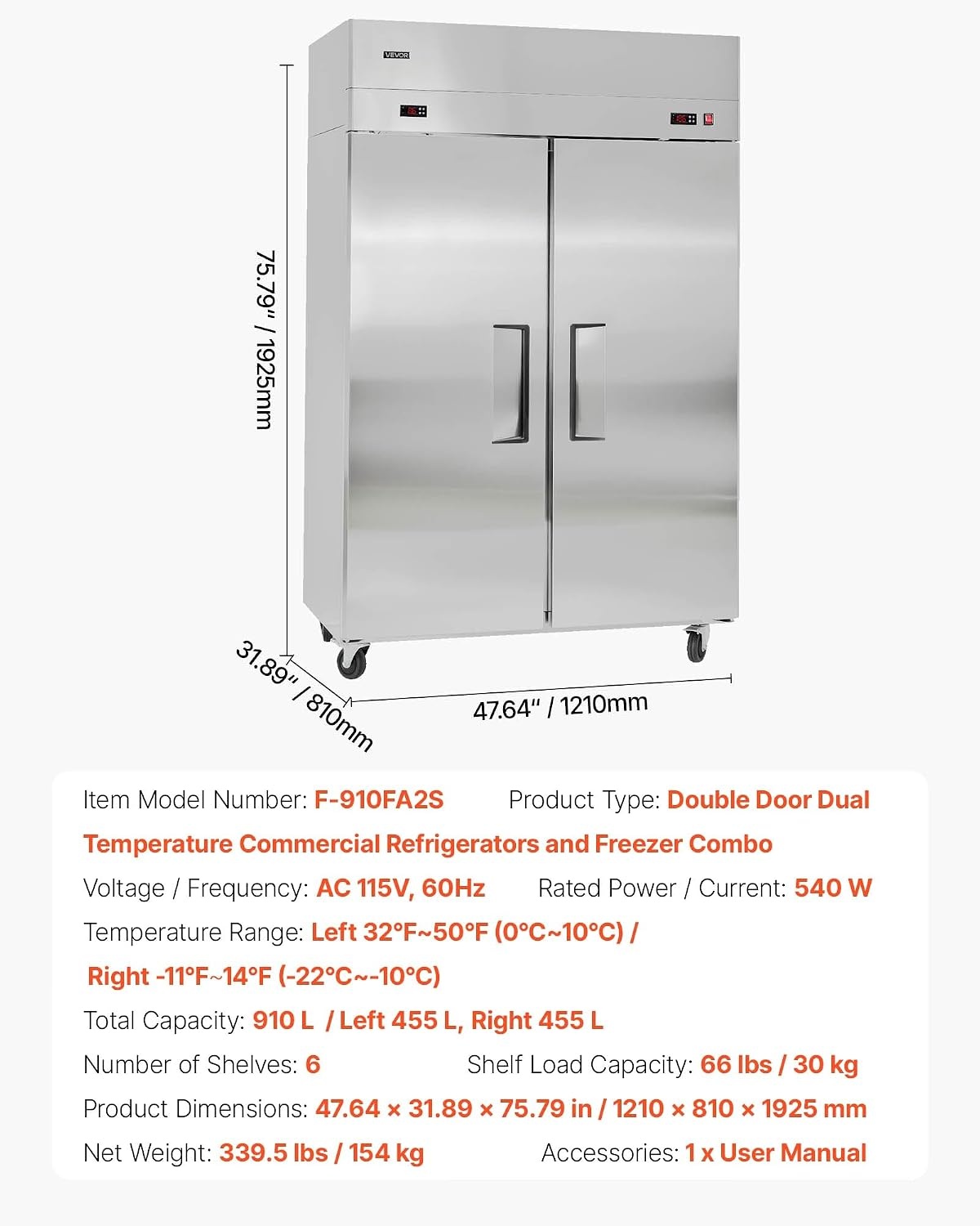 image:imageVEVOR Commercial ReachIn Freezer 48 W 33 CuFt Stainless Steel Upright Freezer with Double Glass Doors AutoDefrost 6 Adjustable Shelves 11 to 14 Temp Control UL Certified48W 32 Cuft Double DoorsCombo