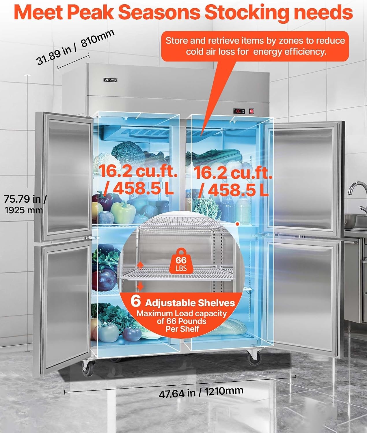 image:imageVEVOR Commercial ReachIn Freezer 48 W 33 CuFt Stainless Steel Upright Freezer with Double Glass Doors AutoDefrost 6 Adjustable Shelves 11 to 14 Temp Control UL Certified48W 32 Cuft 4 DoorsRefrigerator