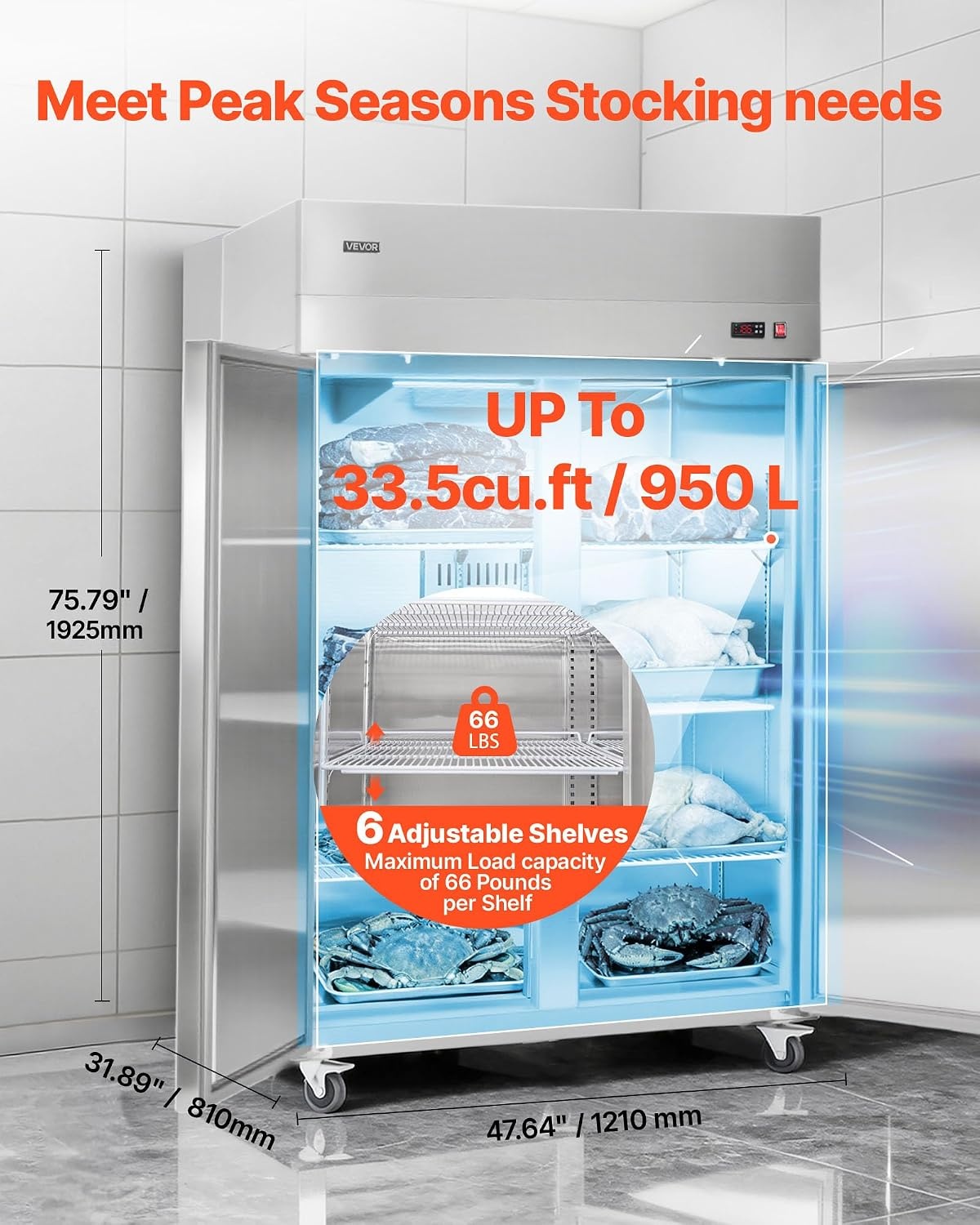 image:imageVEVOR Commercial ReachIn Freezer 48 W 33 CuFt Stainless Steel Upright Freezer with Double Glass Doors AutoDefrost 6 Adjustable Shelves 11 to 14 Temp Control UL Certified48W 33 Cuft Double DoorsFreezer