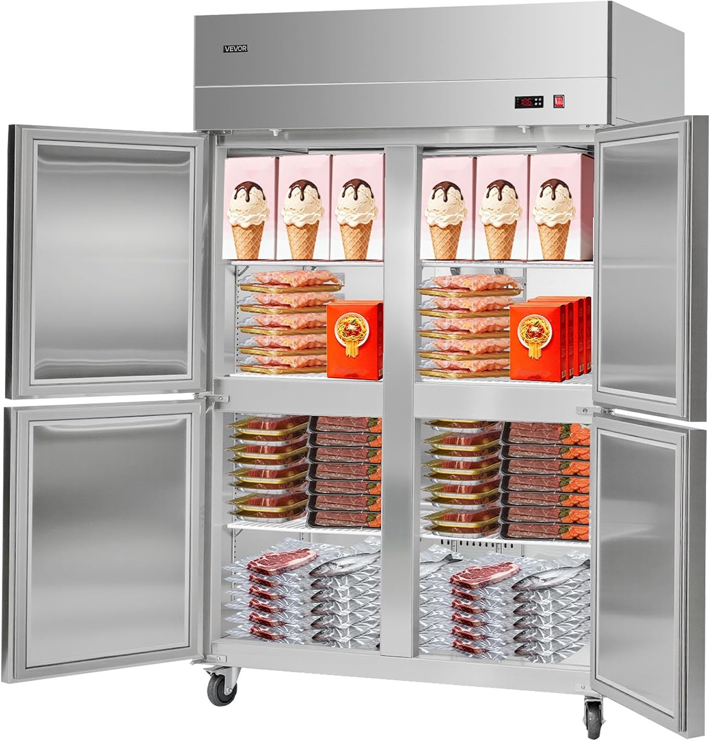 image:imageVEVOR Commercial ReachIn Freezer 48 W 33 CuFt Stainless Steel Upright Freezer with Double Glass Doors AutoDefrost 6 Adjustable Shelves 11 to 14 Temp Control UL Certified48W 33 Cuft 4 DoorsFreezer