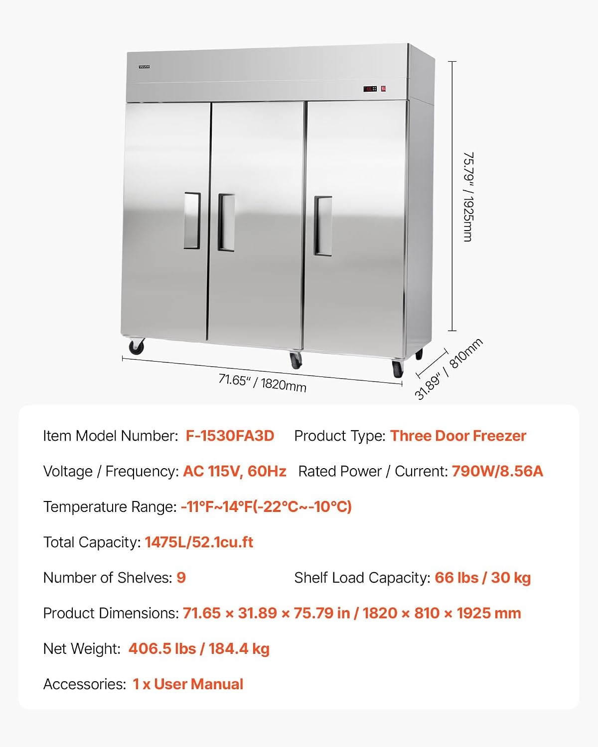 image:imageVEVOR Commercial ReachIn Freezer 48 W 33 CuFt Stainless Steel Upright Freezer with Double Glass Doors AutoDefrost 6 Adjustable Shelves 11 to 14 Temp Control UL Certified72W 52 Cuft Three DoorsFreezer