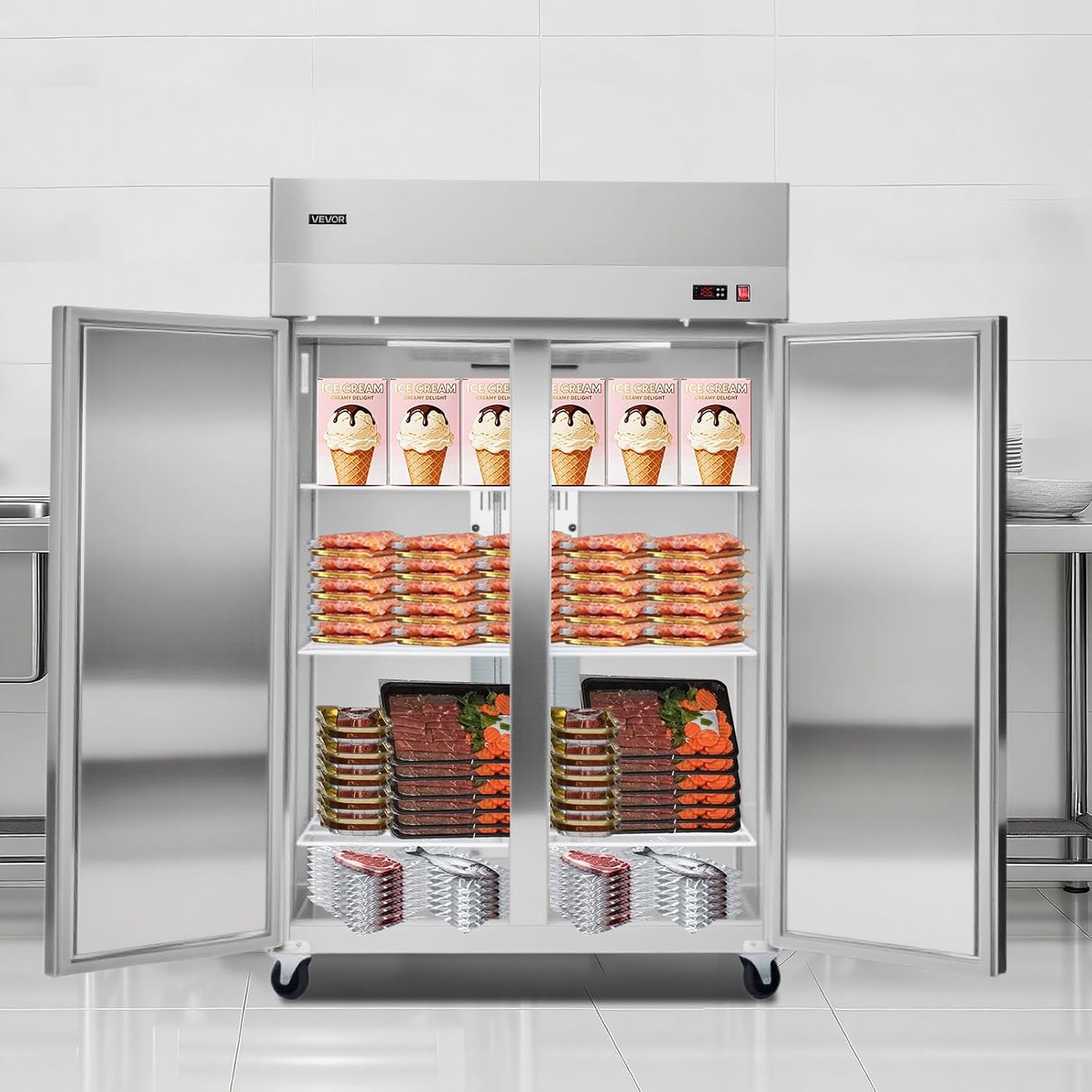 image:imageVEVOR Commercial ReachIn Freezer 48 W 33 CuFt Stainless Steel Upright Freezer with Double Glass Doors AutoDefrost 6 Adjustable Shelves 11 to 14 Temp Control UL Certified48W 33 Cuft Double DoorsFreezer