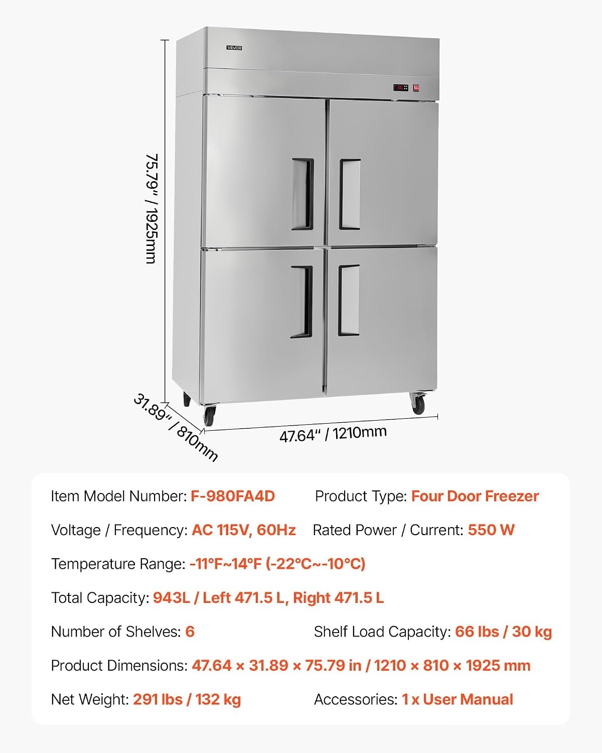 image:imageVEVOR Commercial ReachIn Freezer 48 W 33 CuFt Stainless Steel Upright Freezer with Double Glass Doors AutoDefrost 6 Adjustable Shelves 11 to 14 Temp Control UL Certified48W 33 Cuft 4 DoorsFreezer
