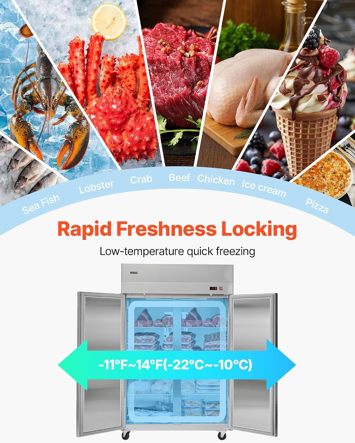 image:imageVEVOR Commercial ReachIn Freezer 48 W 33 CuFt Stainless Steel Upright Freezer with Double Glass Doors AutoDefrost 6 Adjustable Shelves 11 to 14 Temp Control UL Certified48W 33 Cuft 4 DoorsFreezer