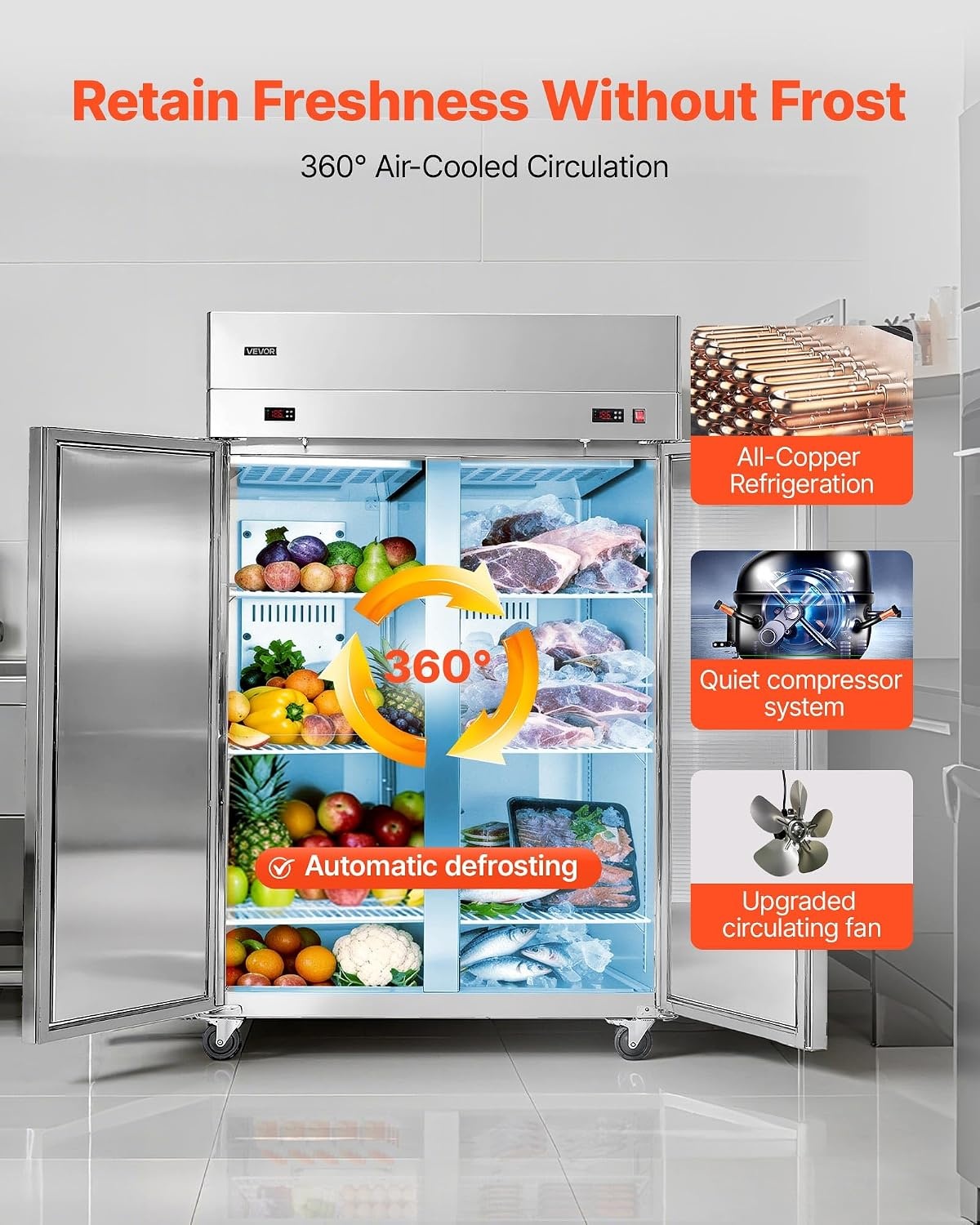 image:imageVEVOR Commercial ReachIn Freezer 48 W 33 CuFt Stainless Steel Upright Freezer with Double Glass Doors AutoDefrost 6 Adjustable Shelves 11 to 14 Temp Control UL Certified48W 32 Cuft Double DoorsCombo