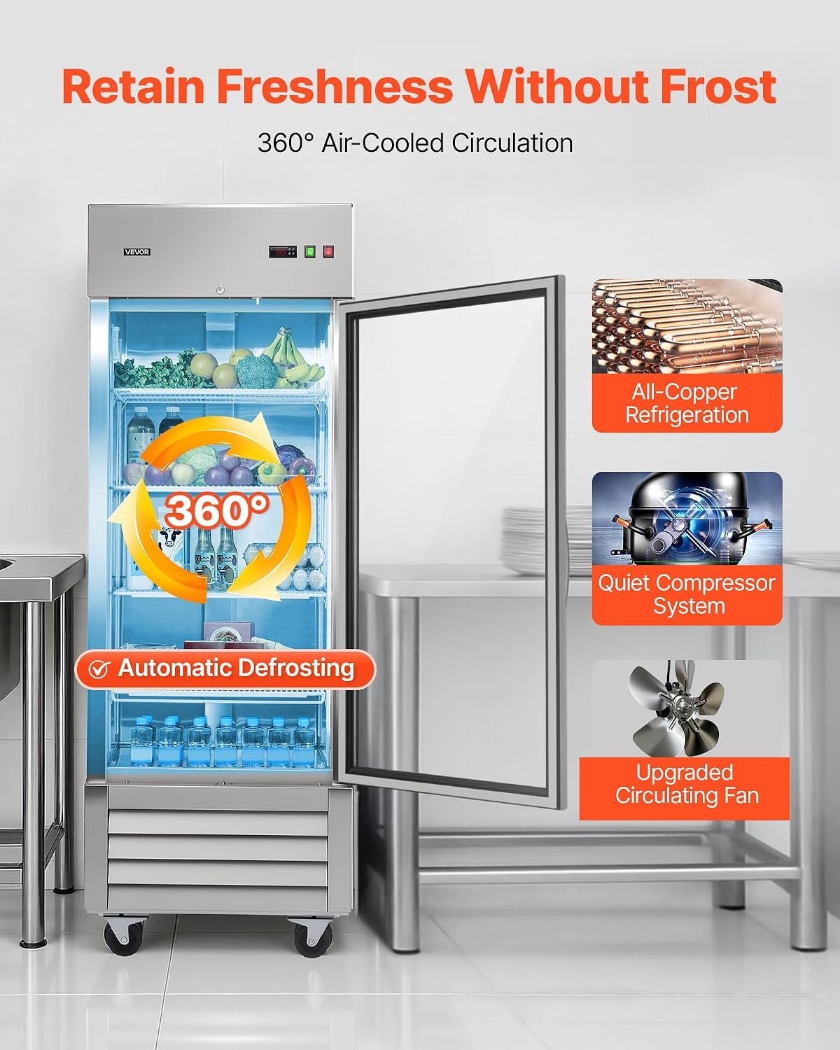 image:imageVEVOR Commercial ReachIn Refrigerator 54 W 44 CuFt Stainless Steel Upright Refrigerator with Double Glass Doors AutoDefrost 8 Adjustable Shelves 32 to 50 Temp Control ETL Certified29W 1 Glass DoorRefrigerator
