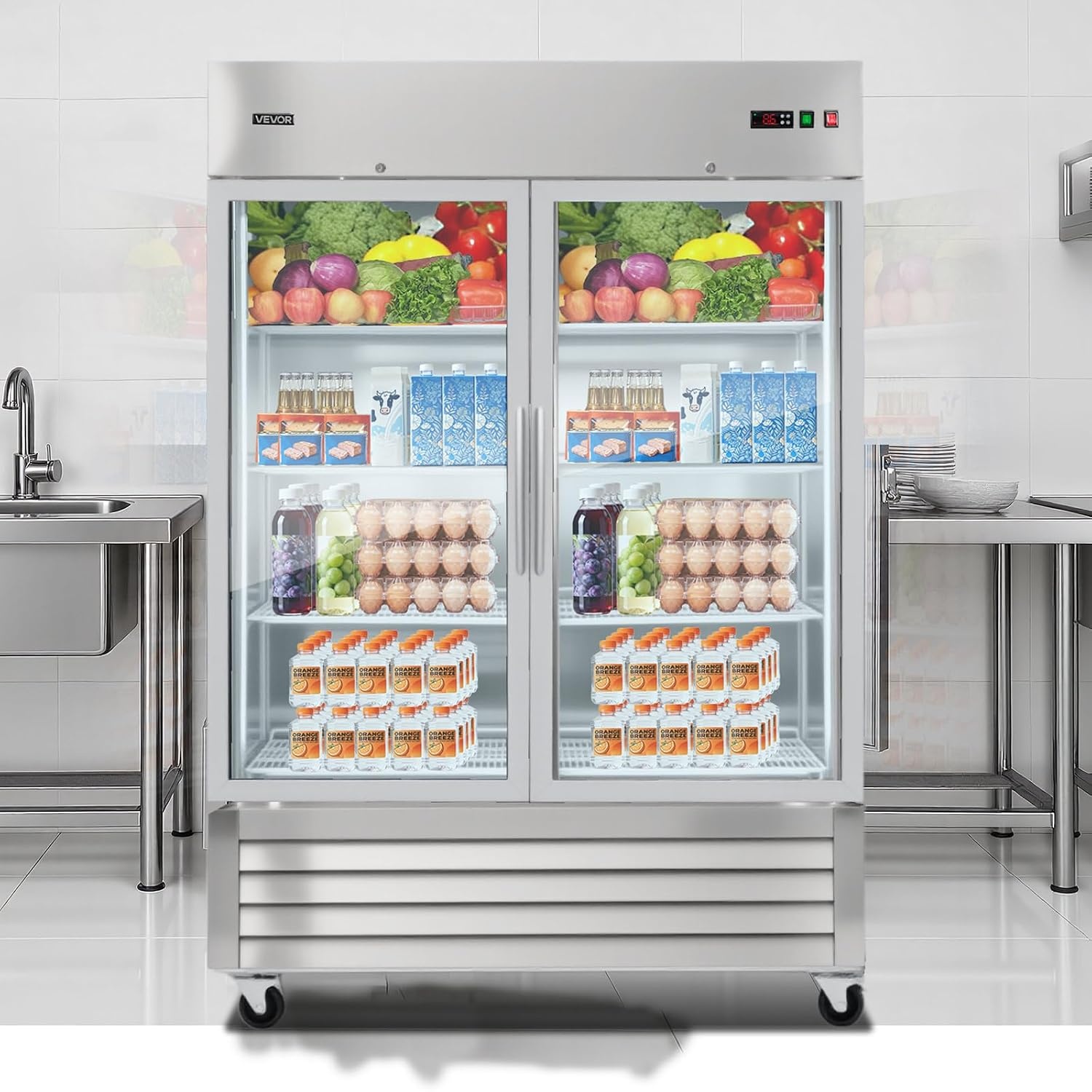 image:imageVEVOR Commercial ReachIn Refrigerator 54 W 44 CuFt Stainless Steel Upright Refrigerator with Double Glass Doors AutoDefrost 8 Adjustable Shelves 32 to 50 Temp Control ETL Certified54W 2 Glass DoorsRefrigerator