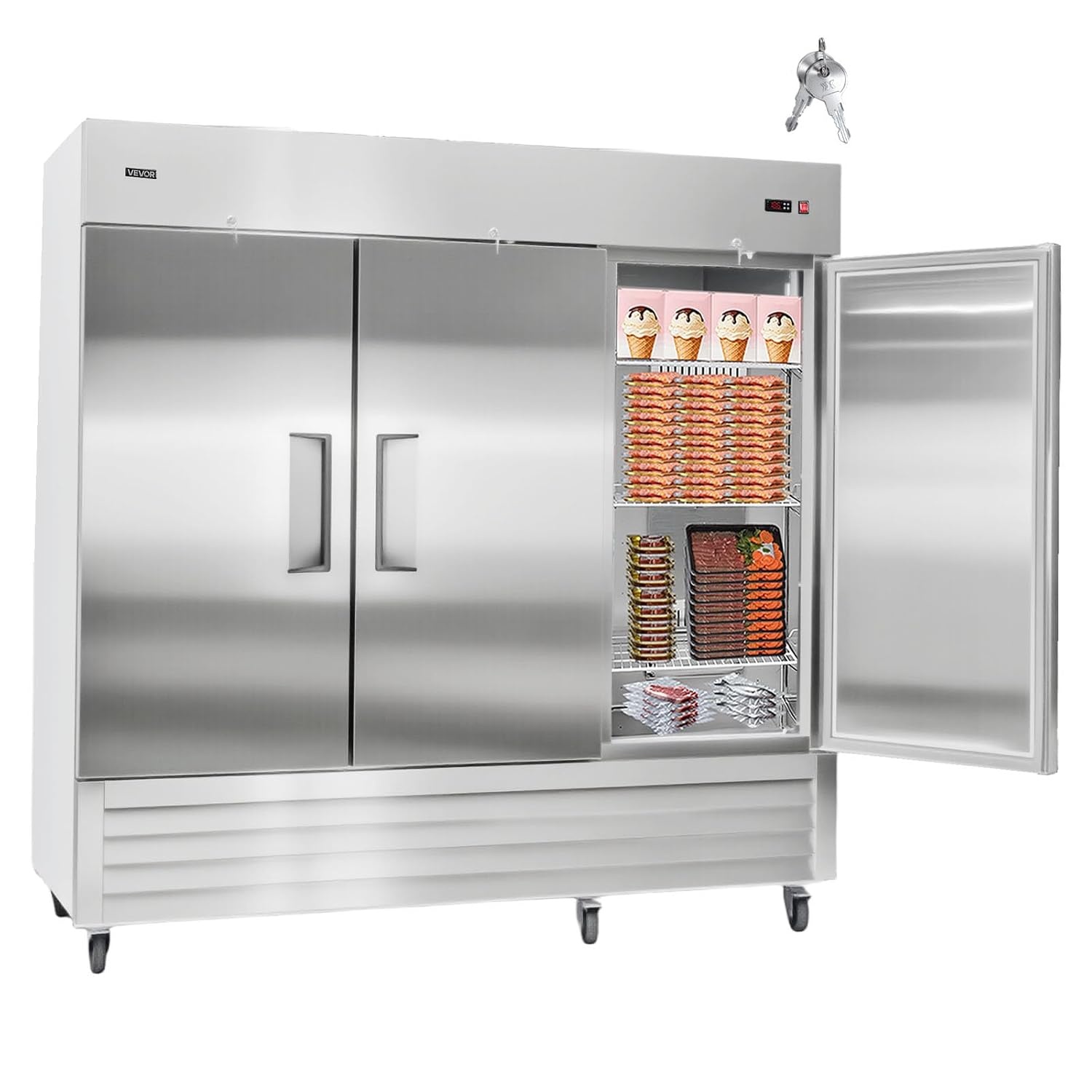 image:imageVEVOR Commercial ReachIn Refrigerator 54 W 44 CuFt Stainless Steel Upright Refrigerator with Double Glass Doors AutoDefrost 8 Adjustable Shelves 32 to 50 Temp Control ETL Certified85W 3 DoorsFreezer