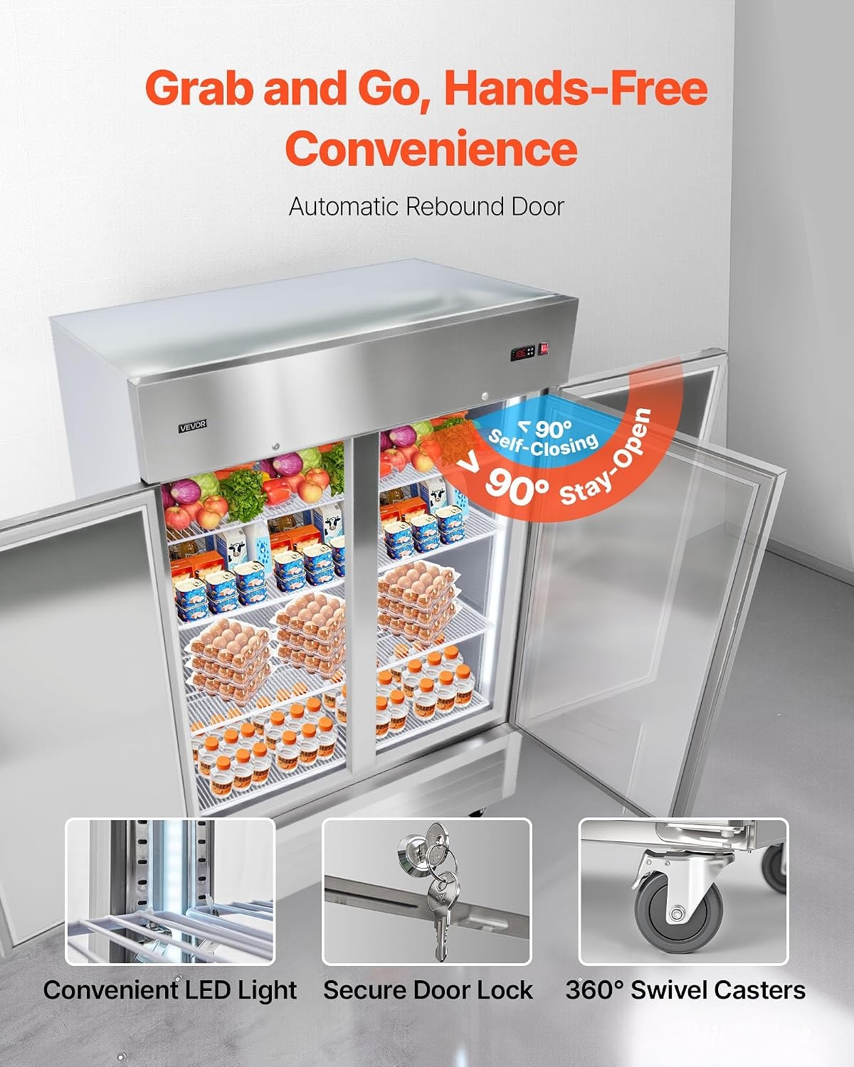 image:imageVEVOR Commercial ReachIn Refrigerator 54 W 44 CuFt Stainless Steel Upright Refrigerator with Double Glass Doors AutoDefrost 8 Adjustable Shelves 32 to 50 Temp Control ETL Certified54W 2 DoorsRefrigerator