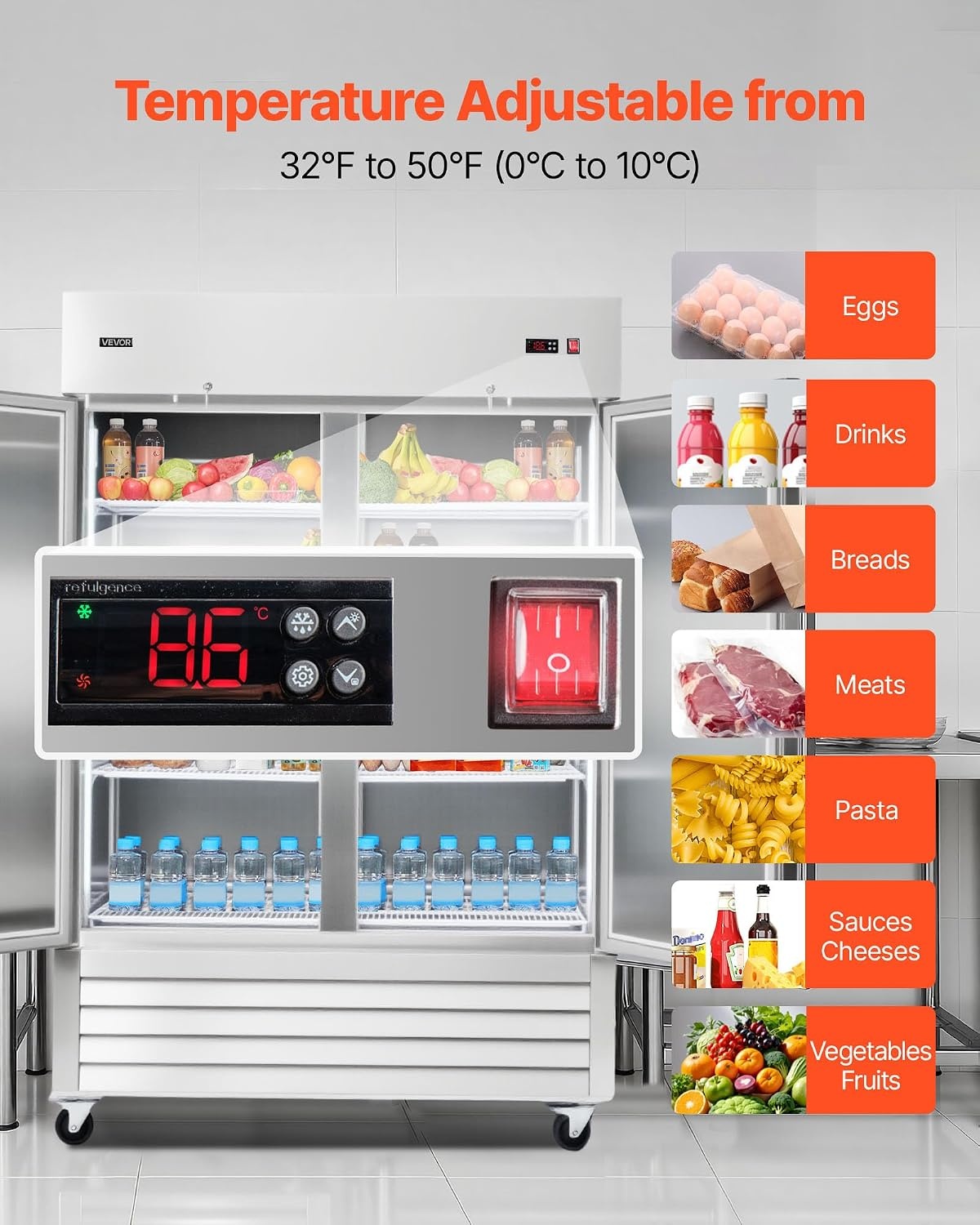image:imageVEVOR Commercial ReachIn Refrigerator 54 W 44 CuFt Stainless Steel Upright Refrigerator with Double Glass Doors AutoDefrost 8 Adjustable Shelves 32 to 50 Temp Control ETL Certified54W 2 DoorsRefrigerator