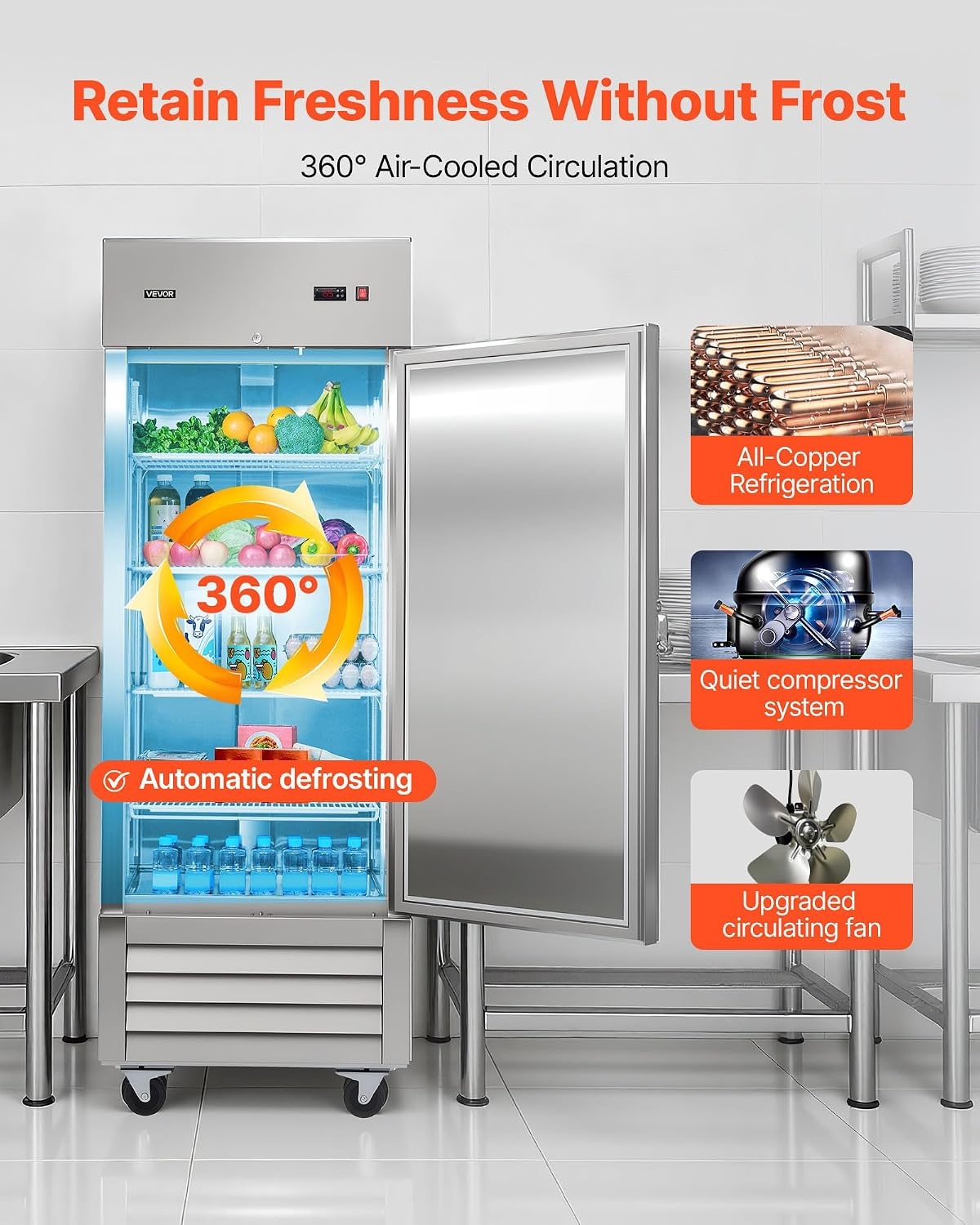 image:imageVEVOR Commercial ReachIn Refrigerator 54 W 44 CuFt Stainless Steel Upright Refrigerator with Double Glass Doors AutoDefrost 8 Adjustable Shelves 32 to 50 Temp Control ETL Certified29W 1 DoorRefrigerator