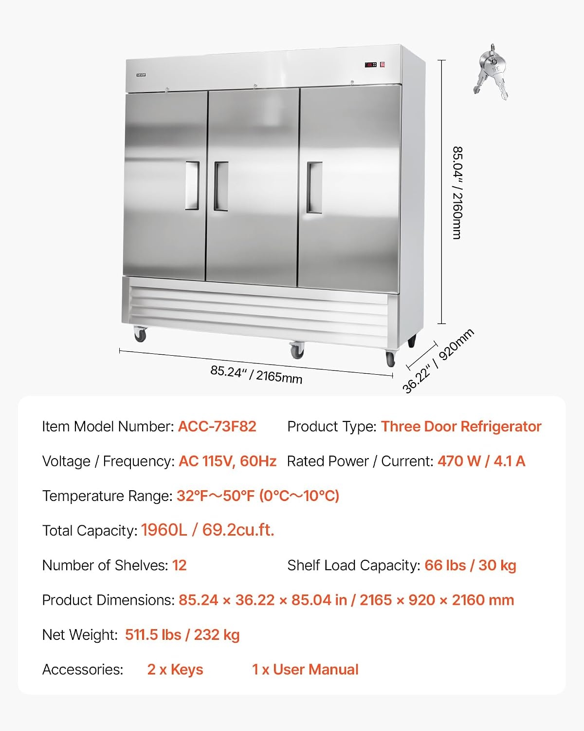 image:imageVEVOR Commercial ReachIn Refrigerator 54 W 44 CuFt Stainless Steel Upright Refrigerator with Double Glass Doors AutoDefrost 8 Adjustable Shelves 32 to 50 Temp Control ETL Certified85W 3 DoorsRefrigerator