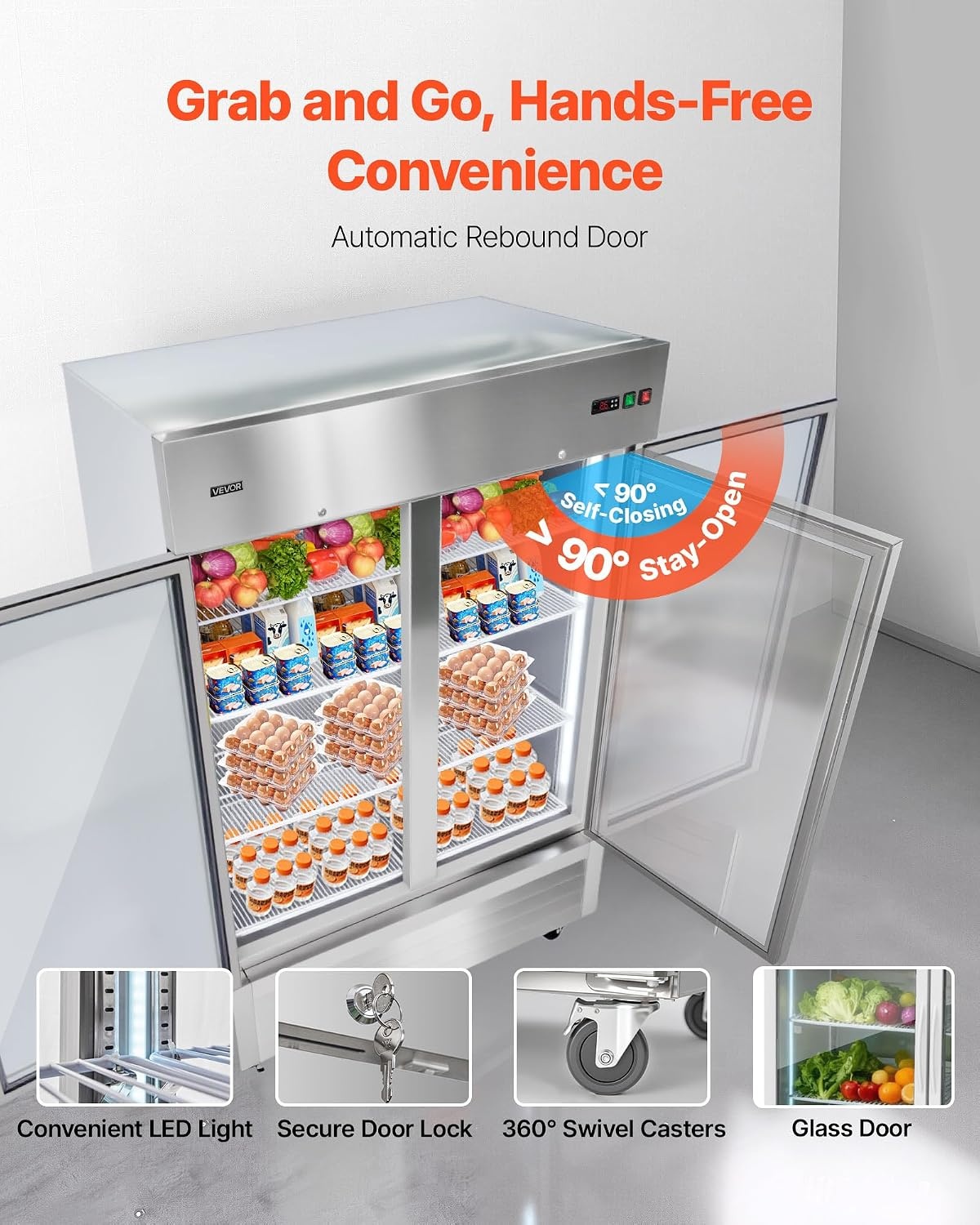 image:imageVEVOR Commercial ReachIn Refrigerator 54 W 44 CuFt Stainless Steel Upright Refrigerator with Double Glass Doors AutoDefrost 8 Adjustable Shelves 32 to 50 Temp Control ETL Certified54W 2 Glass DoorsRefrigerator