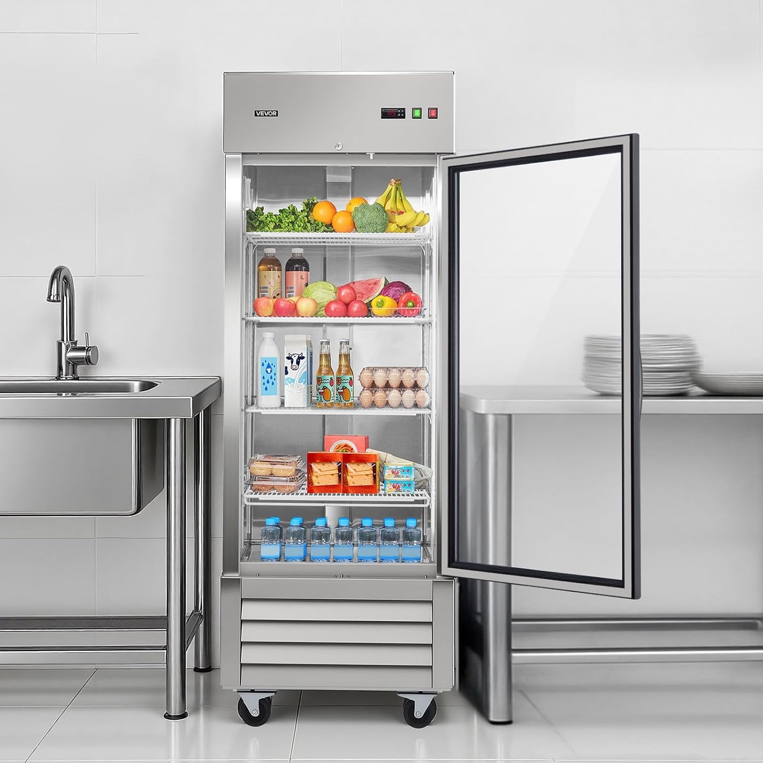 image:imageVEVOR Commercial ReachIn Refrigerator 54 W 44 CuFt Stainless Steel Upright Refrigerator with Double Glass Doors AutoDefrost 8 Adjustable Shelves 32 to 50 Temp Control ETL Certified29W 1 Glass DoorRefrigerator