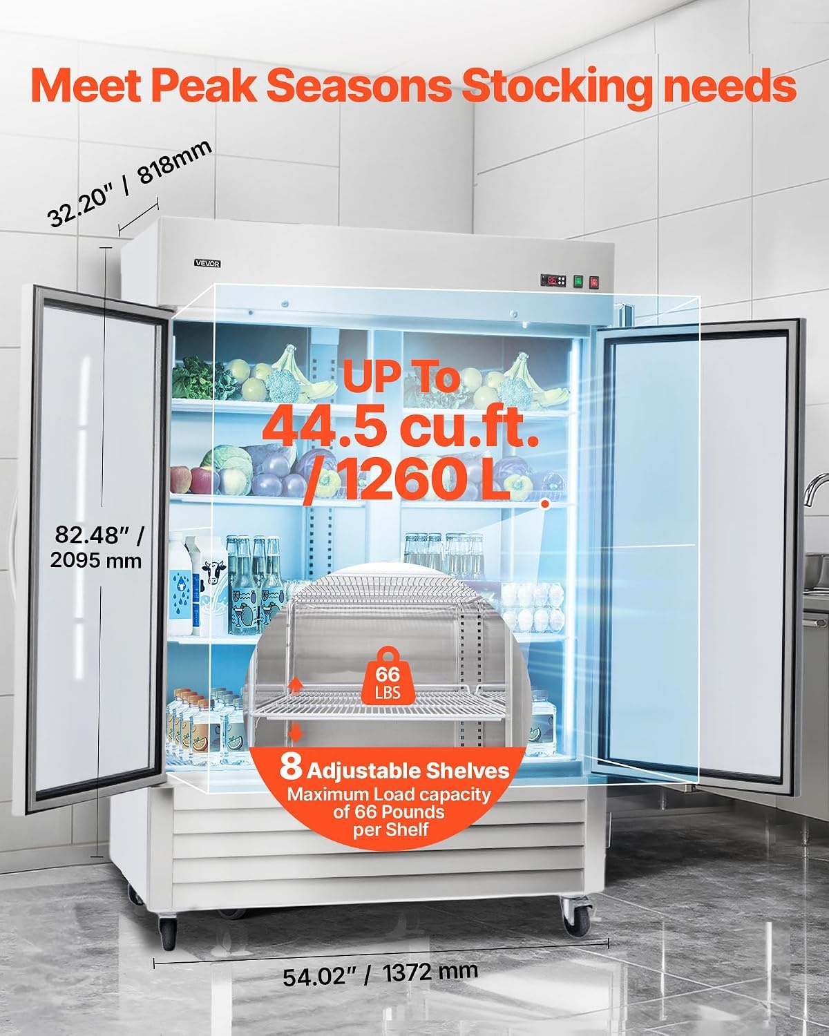 image:imageVEVOR Commercial ReachIn Refrigerator 54 W 44 CuFt Stainless Steel Upright Refrigerator with Double Glass Doors AutoDefrost 8 Adjustable Shelves 32 to 50 Temp Control ETL Certified54W 2 Glass DoorsRefrigerator