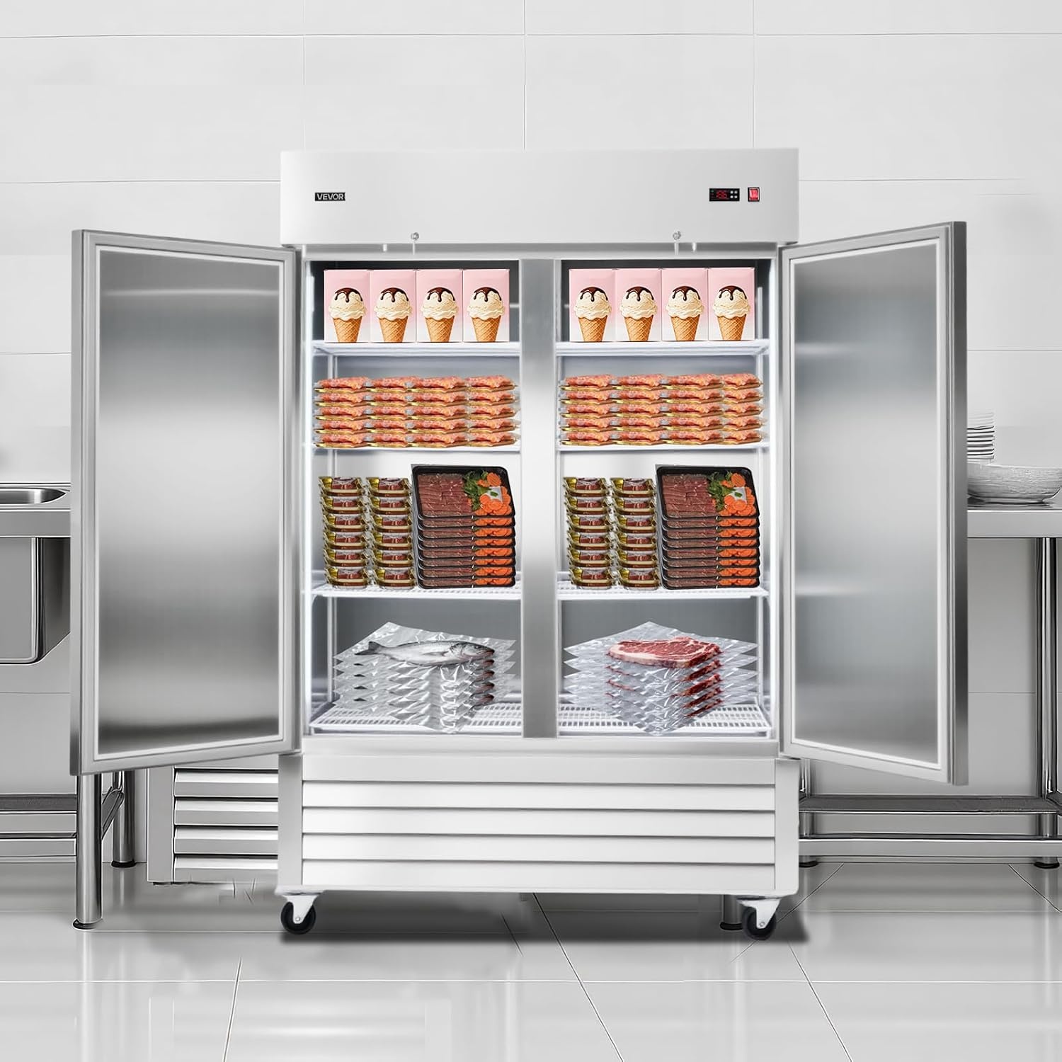 image:imageVEVOR Commercial ReachIn Refrigerator 54 W 44 CuFt Stainless Steel Upright Refrigerator with Double Glass Doors AutoDefrost 8 Adjustable Shelves 32 to 50 Temp Control ETL Certified54W 2 DoorsFreezer