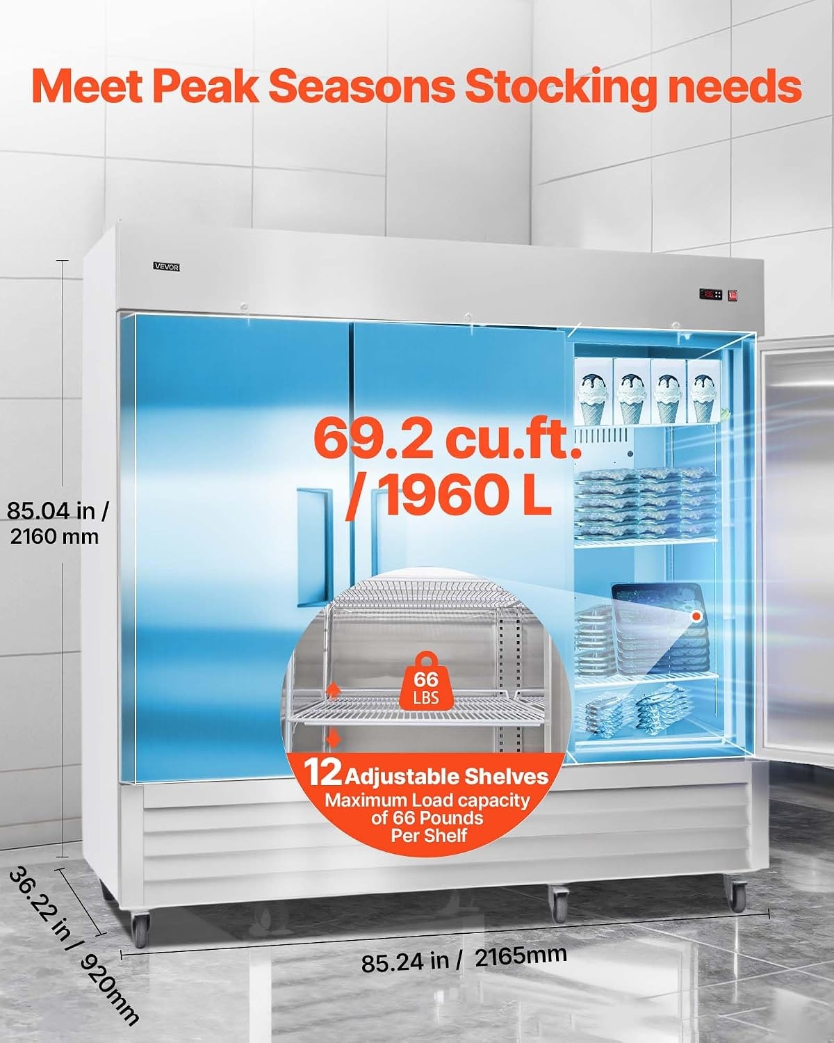image:imageVEVOR Commercial ReachIn Refrigerator 54 W 44 CuFt Stainless Steel Upright Refrigerator with Double Glass Doors AutoDefrost 8 Adjustable Shelves 32 to 50 Temp Control ETL Certified85W 3 DoorsFreezer