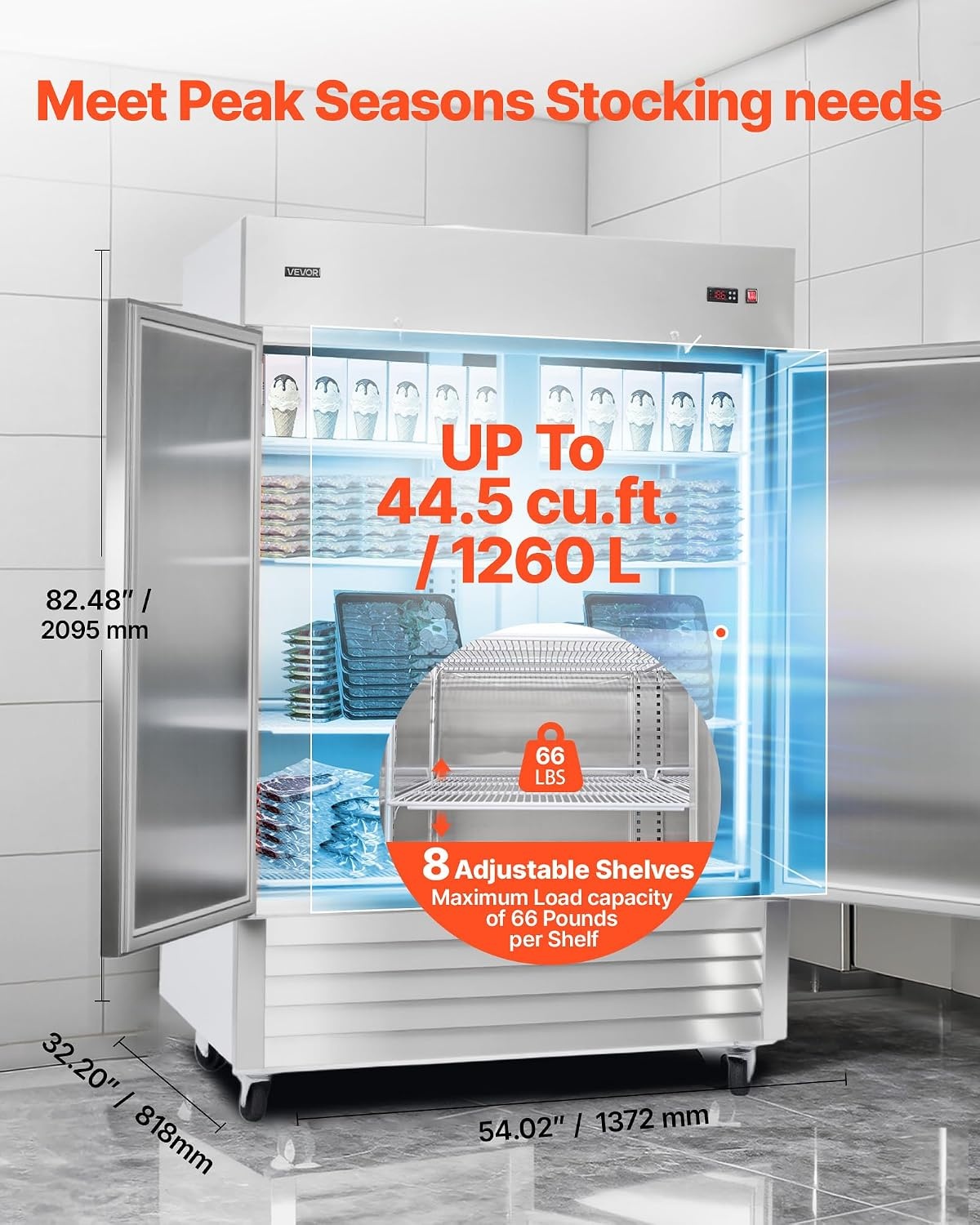 image:imageVEVOR Commercial ReachIn Refrigerator 54 W 44 CuFt Stainless Steel Upright Refrigerator with Double Glass Doors AutoDefrost 8 Adjustable Shelves 32 to 50 Temp Control ETL Certified54W 2 DoorsFreezer
