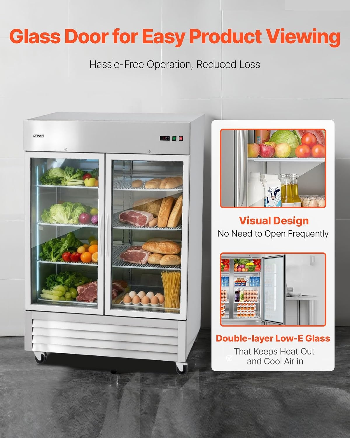 image:imageVEVOR Commercial ReachIn Refrigerator 54 W 44 CuFt Stainless Steel Upright Refrigerator with Double Glass Doors AutoDefrost 8 Adjustable Shelves 32 to 50 Temp Control ETL Certified54W 2 Glass DoorsRefrigerator