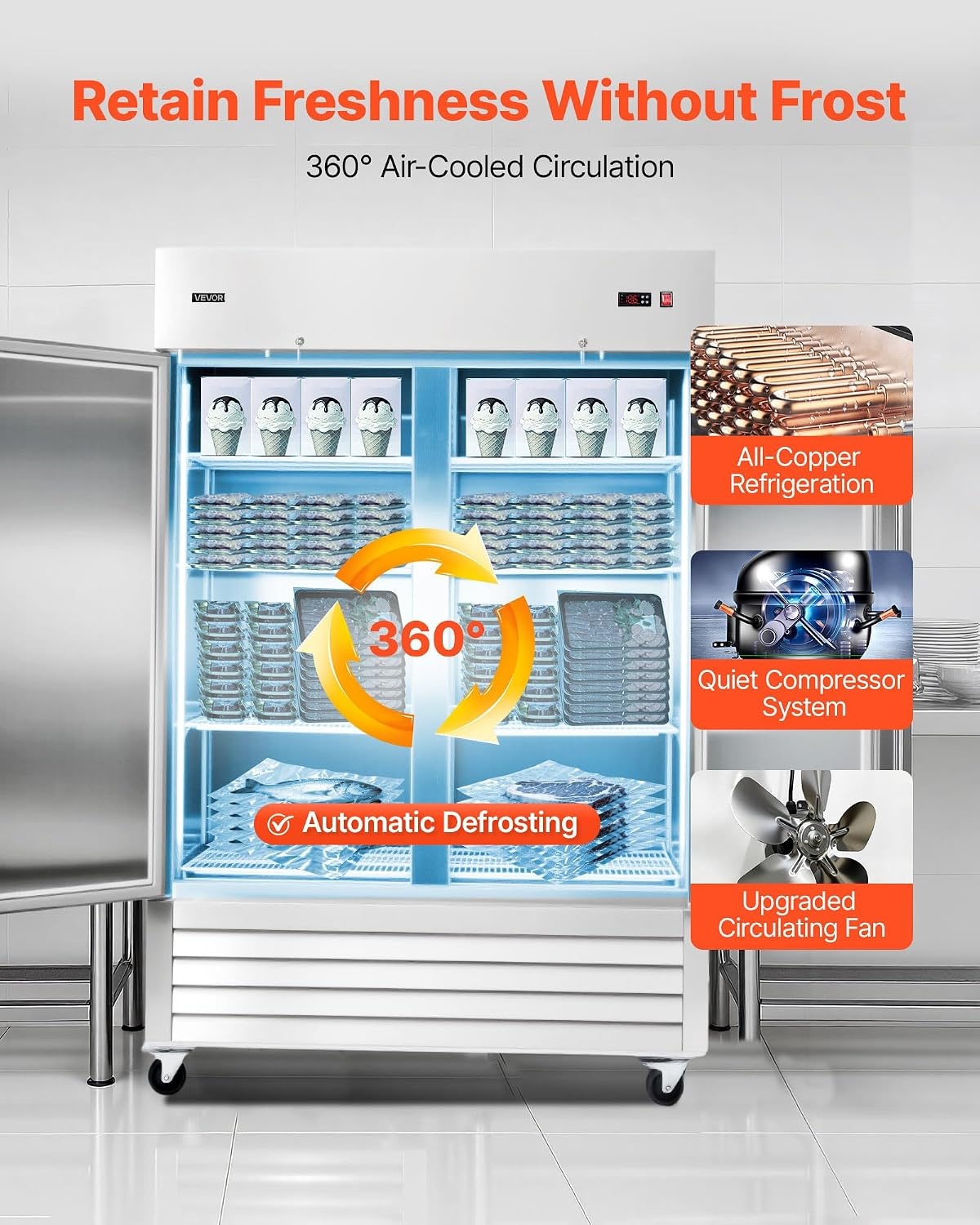 image:imageVEVOR Commercial ReachIn Refrigerator 54 W 44 CuFt Stainless Steel Upright Refrigerator with Double Glass Doors AutoDefrost 8 Adjustable Shelves 32 to 50 Temp Control ETL Certified54W 2 DoorsFreezer