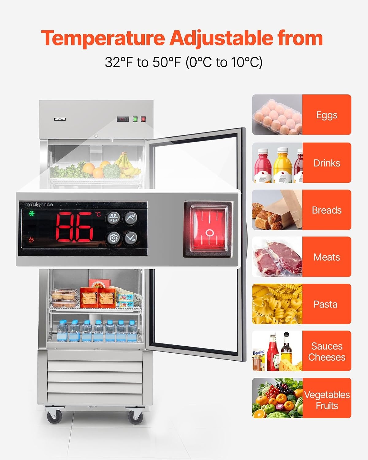 image:imageVEVOR Commercial ReachIn Refrigerator 54 W 44 CuFt Stainless Steel Upright Refrigerator with Double Glass Doors AutoDefrost 8 Adjustable Shelves 32 to 50 Temp Control ETL Certified29W 1 Glass DoorRefrigerator