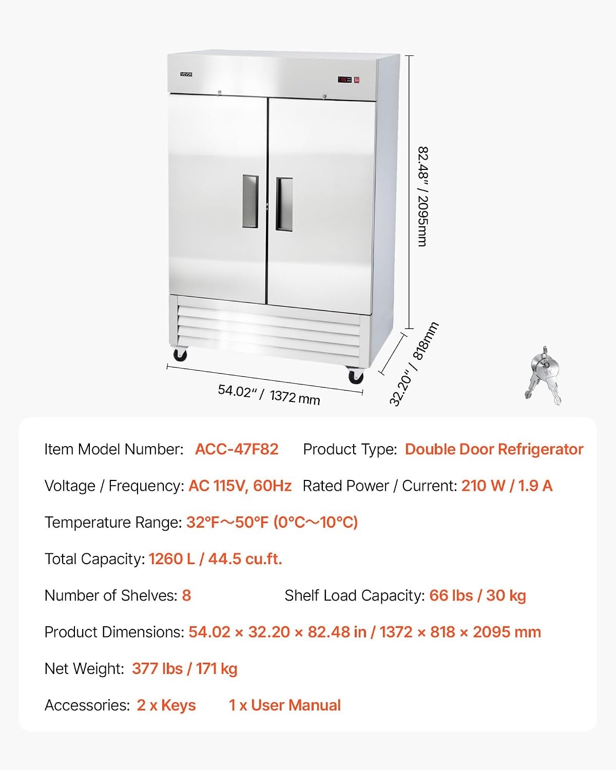 image:imageVEVOR Commercial ReachIn Refrigerator 54 W 44 CuFt Stainless Steel Upright Refrigerator with Double Glass Doors AutoDefrost 8 Adjustable Shelves 32 to 50 Temp Control ETL Certified54W 2 DoorsRefrigerator