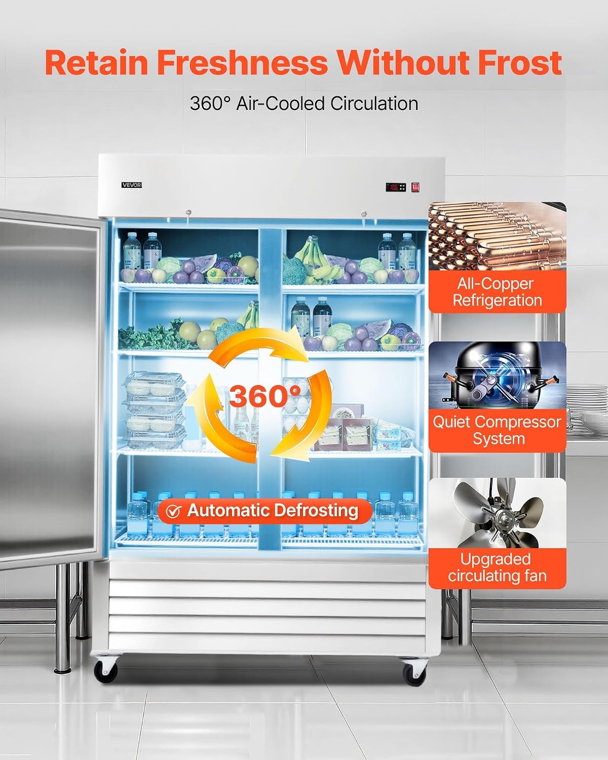 image:imageVEVOR Commercial ReachIn Refrigerator 54 W 44 CuFt Stainless Steel Upright Refrigerator with Double Glass Doors AutoDefrost 8 Adjustable Shelves 32 to 50 Temp Control ETL Certified54W 2 DoorsRefrigerator
