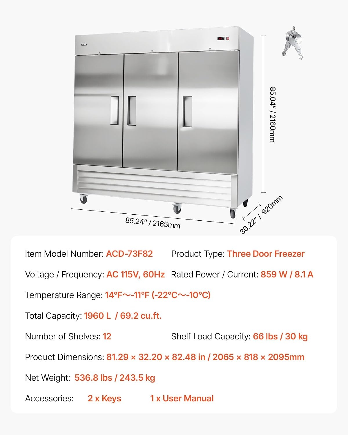 image:imageVEVOR Commercial ReachIn Refrigerator 54 W 44 CuFt Stainless Steel Upright Refrigerator with Double Glass Doors AutoDefrost 8 Adjustable Shelves 32 to 50 Temp Control ETL Certified85W 3 DoorsFreezer
