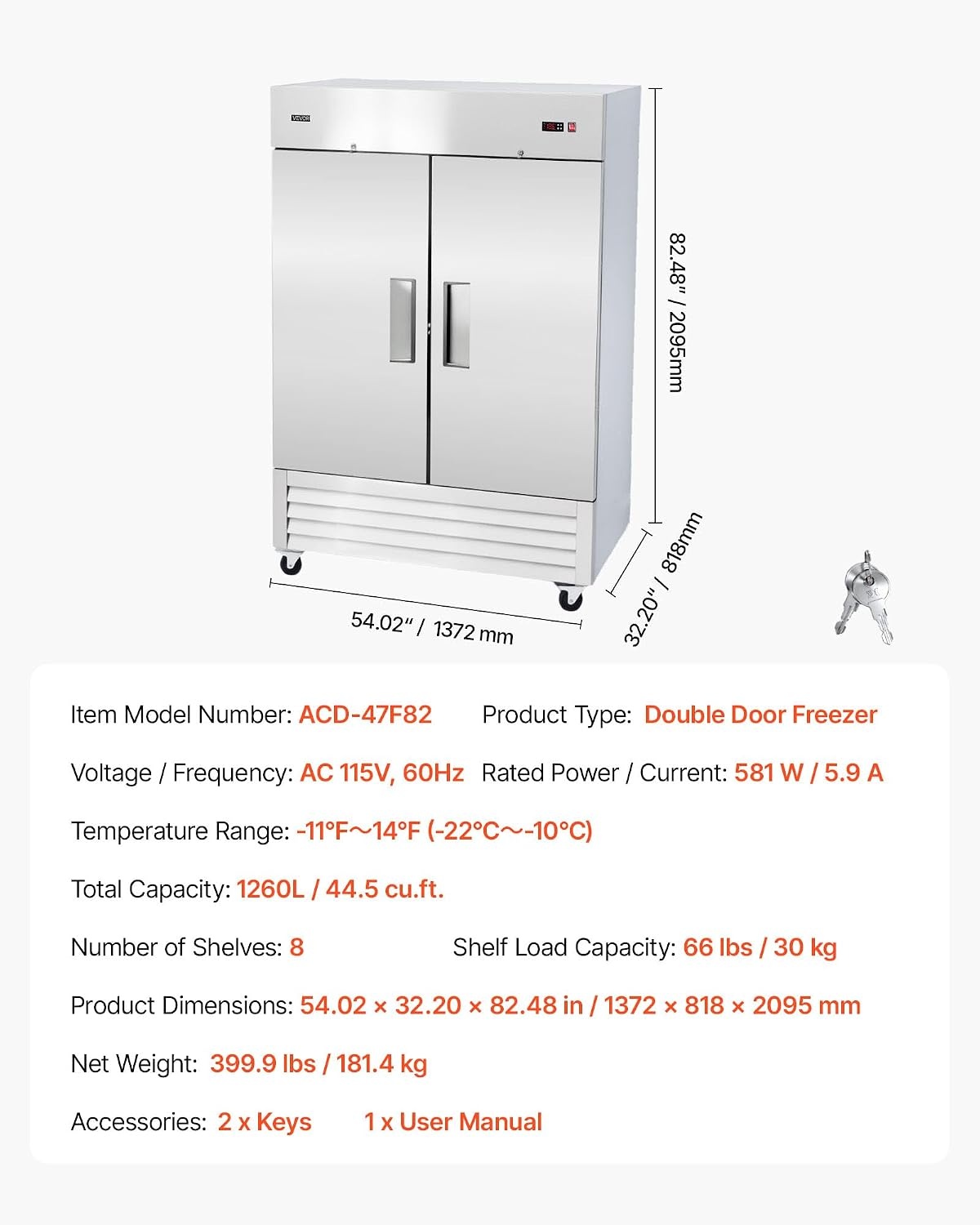 image:imageVEVOR Commercial ReachIn Refrigerator 54 W 44 CuFt Stainless Steel Upright Refrigerator with Double Glass Doors AutoDefrost 8 Adjustable Shelves 32 to 50 Temp Control ETL Certified54W 2 DoorsFreezer