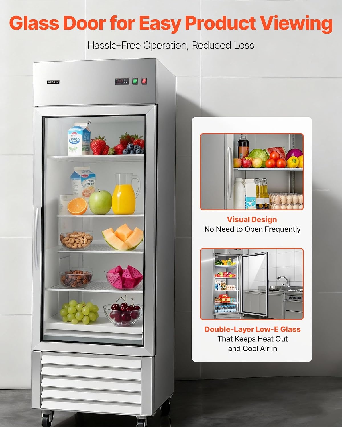 image:imageVEVOR Commercial ReachIn Refrigerator 54 W 44 CuFt Stainless Steel Upright Refrigerator with Double Glass Doors AutoDefrost 8 Adjustable Shelves 32 to 50 Temp Control ETL Certified29W 1 Glass DoorRefrigerator