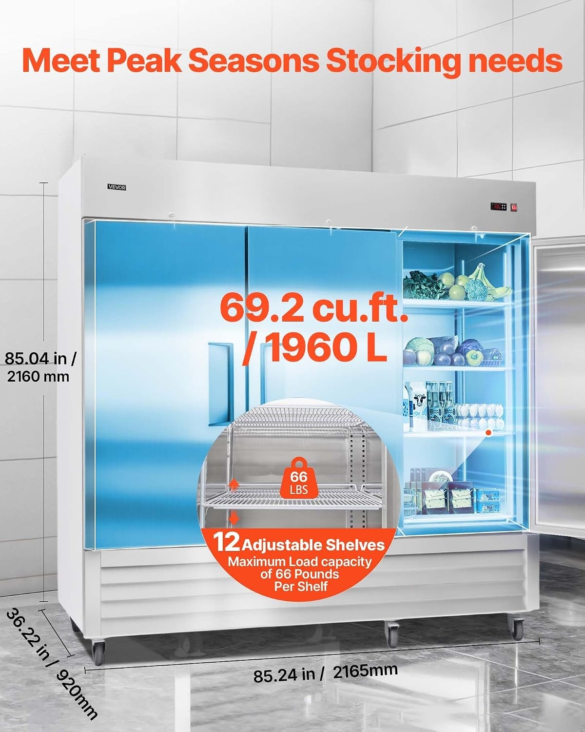 image:imageVEVOR Commercial ReachIn Refrigerator 54 W 44 CuFt Stainless Steel Upright Refrigerator with Double Glass Doors AutoDefrost 8 Adjustable Shelves 32 to 50 Temp Control ETL Certified85W 3 DoorsRefrigerator