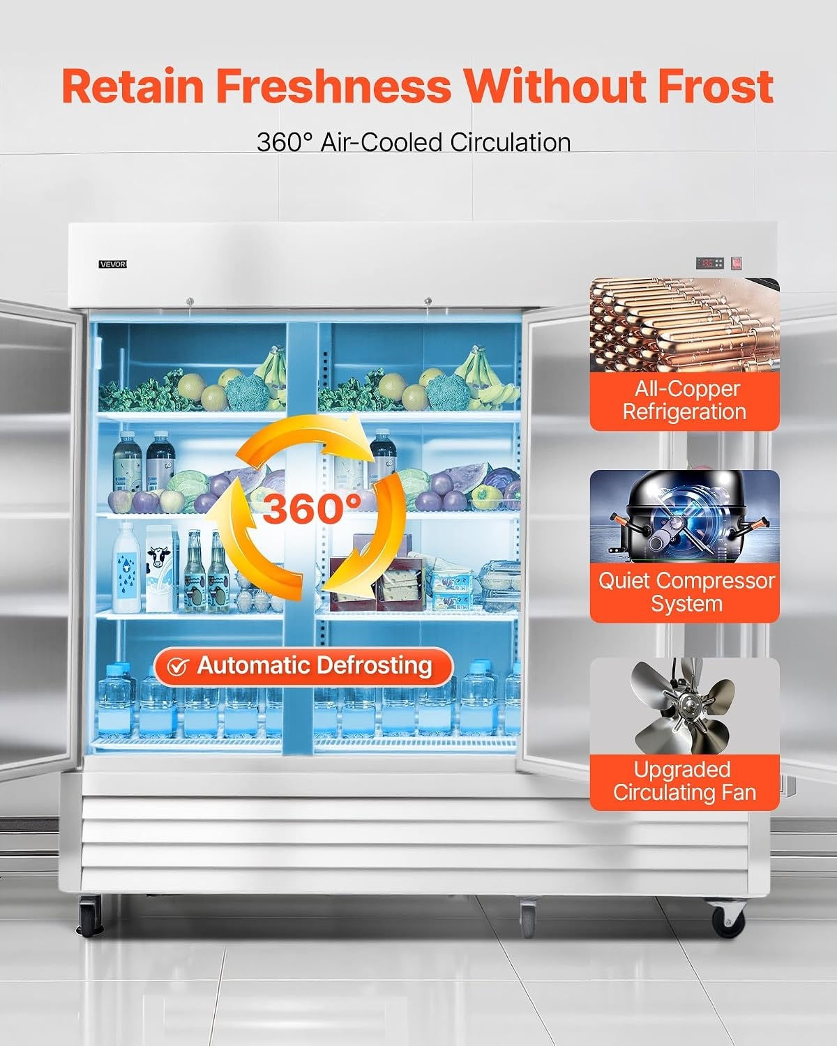 image:imageVEVOR Commercial ReachIn Refrigerator 54 W 44 CuFt Stainless Steel Upright Refrigerator with Double Glass Doors AutoDefrost 8 Adjustable Shelves 32 to 50 Temp Control ETL Certified85W 3 DoorsRefrigerator