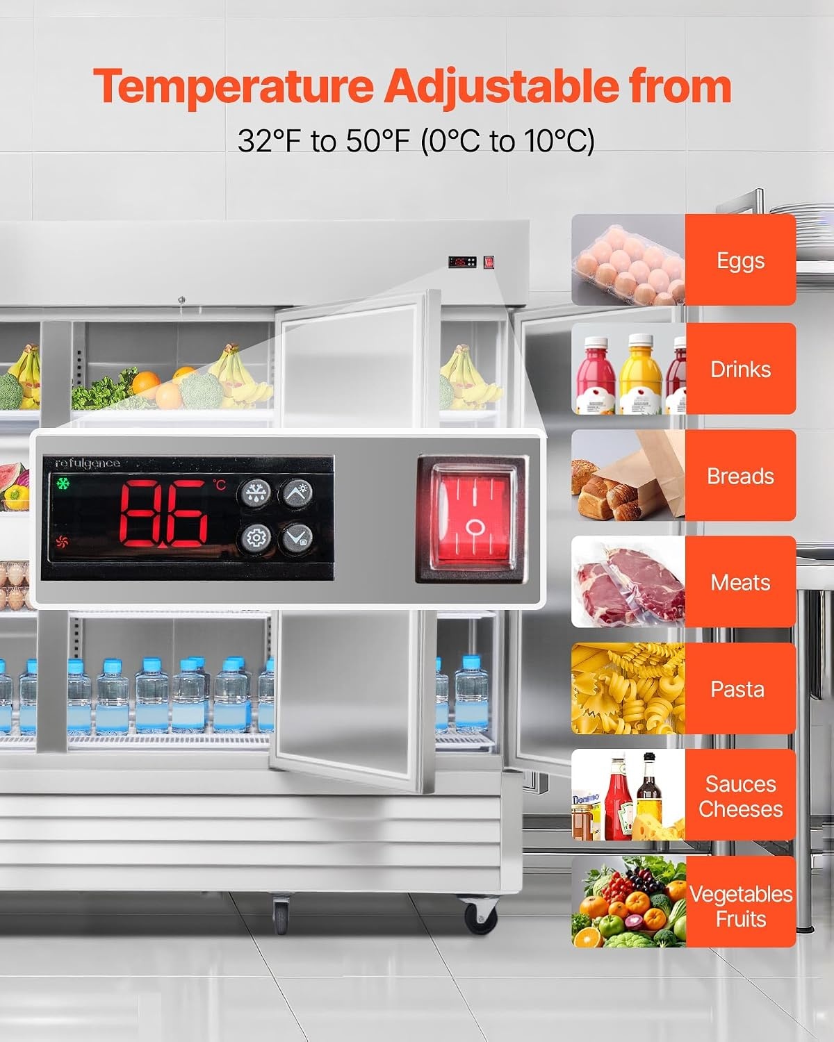 image:imageVEVOR Commercial ReachIn Refrigerator 54 W 44 CuFt Stainless Steel Upright Refrigerator with Double Glass Doors AutoDefrost 8 Adjustable Shelves 32 to 50 Temp Control ETL Certified85W 3 DoorsRefrigerator