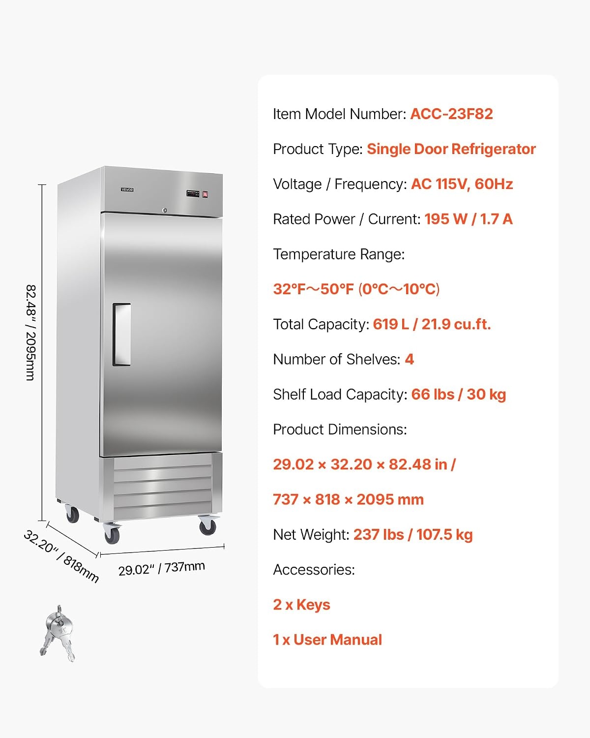 image:imageVEVOR Commercial ReachIn Refrigerator 54 W 44 CuFt Stainless Steel Upright Refrigerator with Double Glass Doors AutoDefrost 8 Adjustable Shelves 32 to 50 Temp Control ETL Certified29W 1 DoorRefrigerator