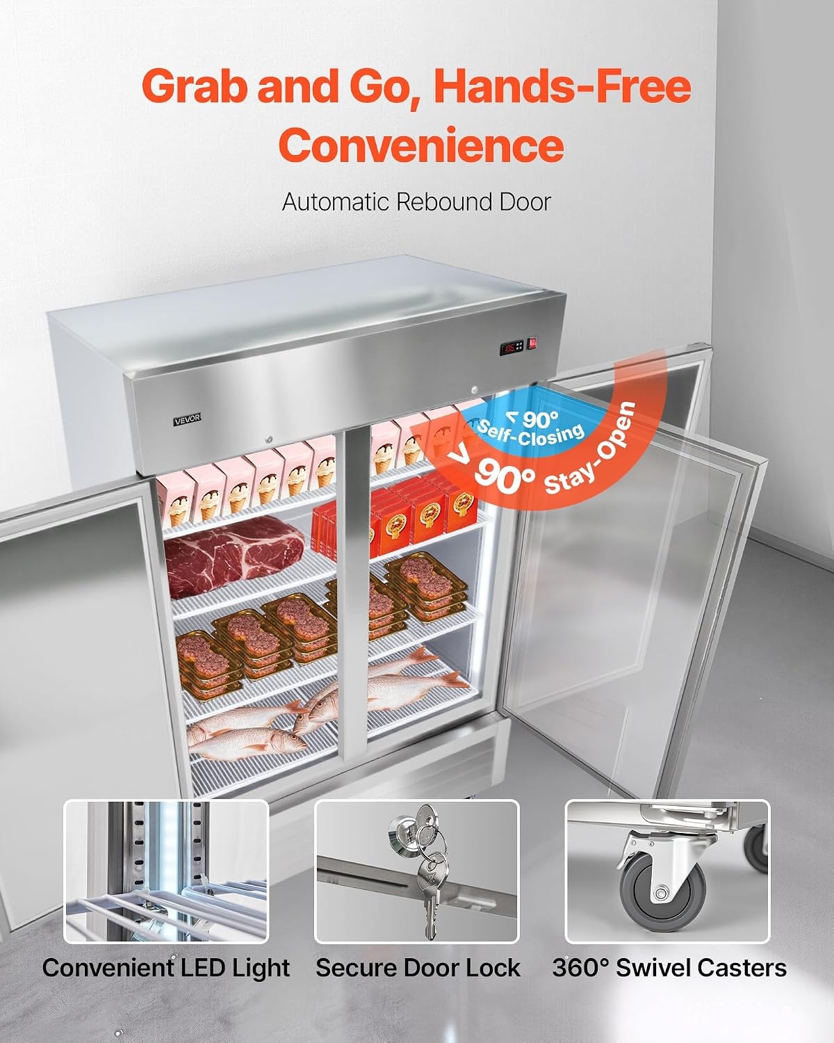 image:imageVEVOR Commercial ReachIn Refrigerator 54 W 44 CuFt Stainless Steel Upright Refrigerator with Double Glass Doors AutoDefrost 8 Adjustable Shelves 32 to 50 Temp Control ETL Certified54W 2 DoorsFreezer