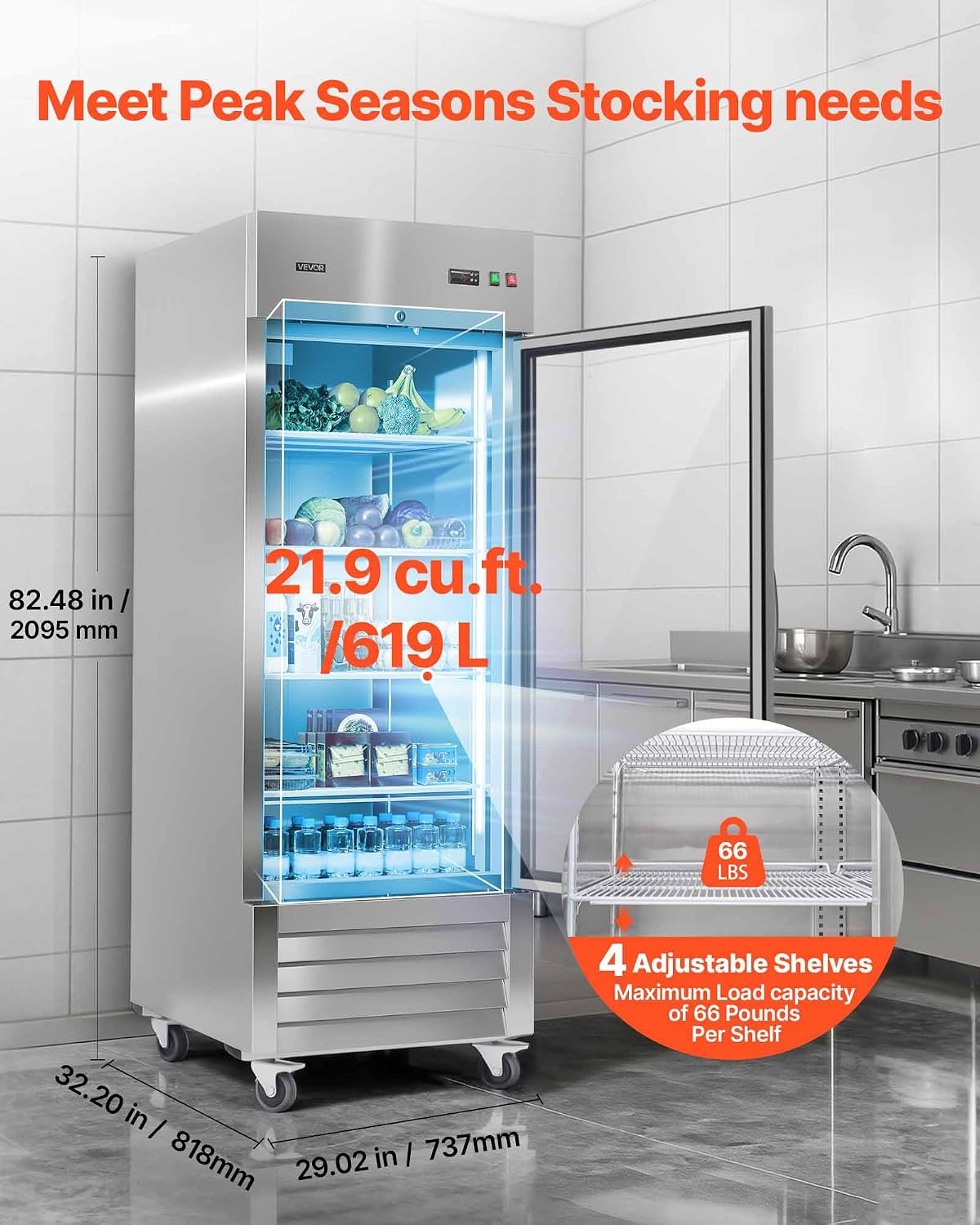 image:imageVEVOR Commercial ReachIn Refrigerator 54 W 44 CuFt Stainless Steel Upright Refrigerator with Double Glass Doors AutoDefrost 8 Adjustable Shelves 32 to 50 Temp Control ETL Certified29W 1 Glass DoorRefrigerator