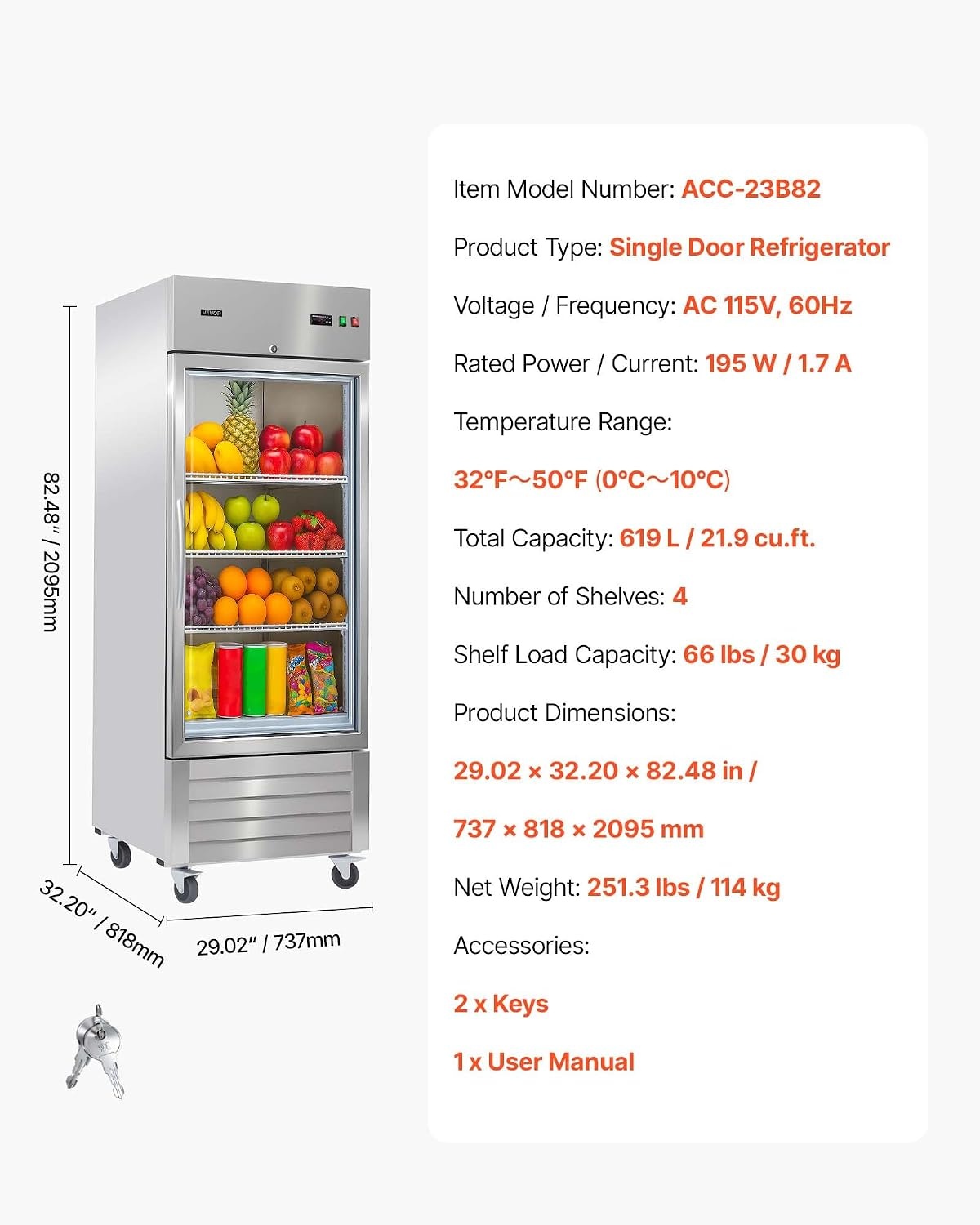 image:imageVEVOR Commercial ReachIn Refrigerator 54 W 44 CuFt Stainless Steel Upright Refrigerator with Double Glass Doors AutoDefrost 8 Adjustable Shelves 32 to 50 Temp Control ETL Certified29W 1 Glass DoorRefrigerator