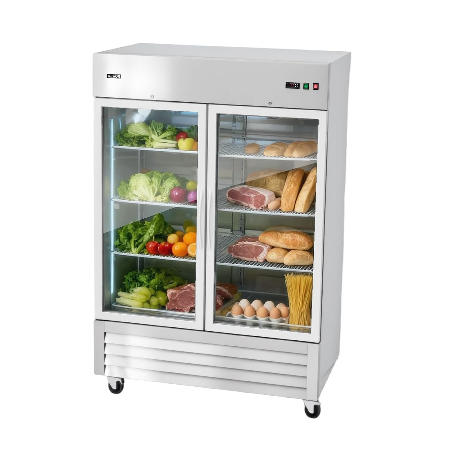 image:imageVEVOR Commercial ReachIn Refrigerator 54 W 44 CuFt Stainless Steel Upright Refrigerator with Double Glass Doors AutoDefrost 8 Adjustable Shelves 32 to 50 Temp Control ETL Certified54W 2 Glass DoorsRefrigerator