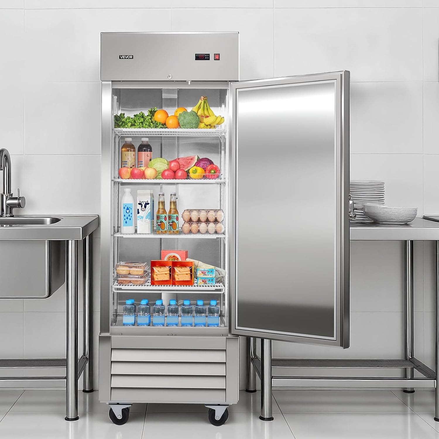 image:imageVEVOR Commercial ReachIn Refrigerator 54 W 44 CuFt Stainless Steel Upright Refrigerator with Double Glass Doors AutoDefrost 8 Adjustable Shelves 32 to 50 Temp Control ETL Certified29W 1 DoorRefrigerator