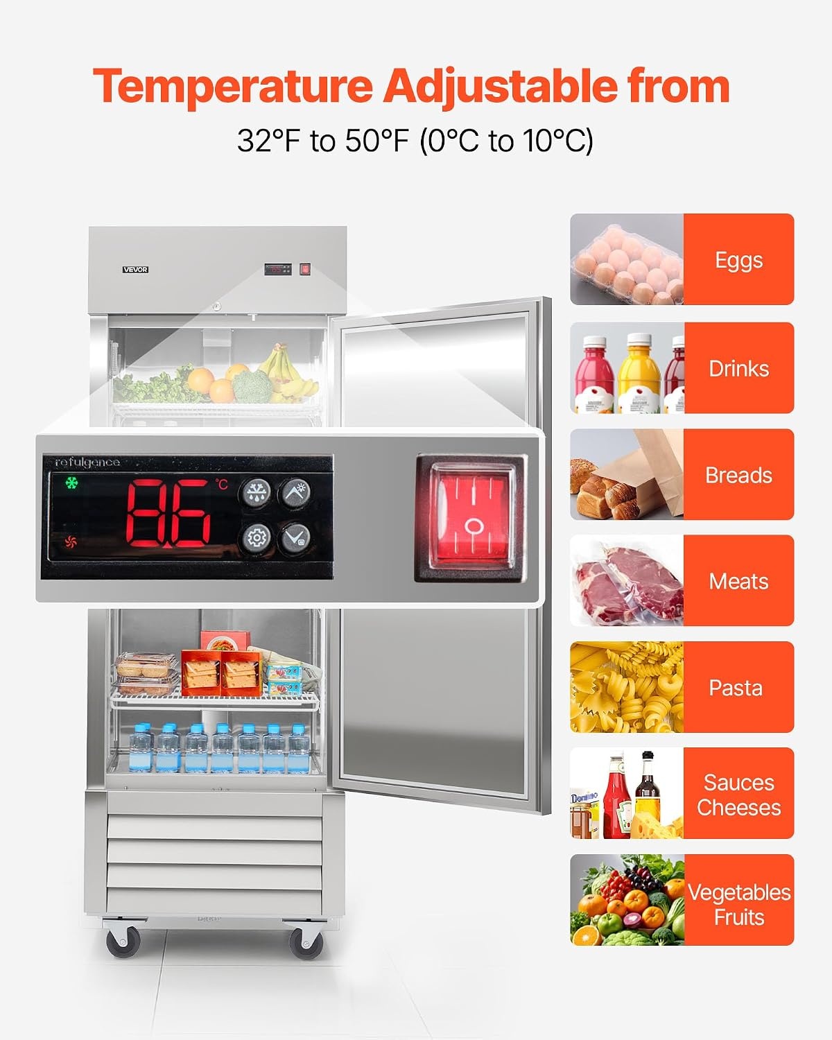 image:imageVEVOR Commercial ReachIn Refrigerator 54 W 44 CuFt Stainless Steel Upright Refrigerator with Double Glass Doors AutoDefrost 8 Adjustable Shelves 32 to 50 Temp Control ETL Certified29W 1 DoorRefrigerator