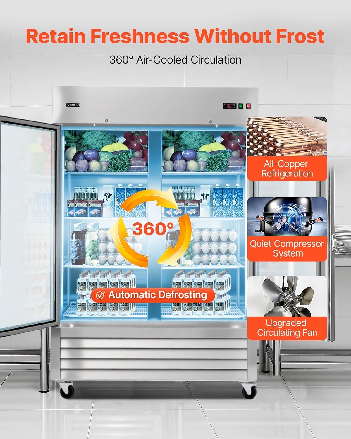 image:imageVEVOR Commercial ReachIn Refrigerator 54 W 44 CuFt Stainless Steel Upright Refrigerator with Double Glass Doors AutoDefrost 8 Adjustable Shelves 32 to 50 Temp Control ETL Certified54W 2 Glass DoorsRefrigerator