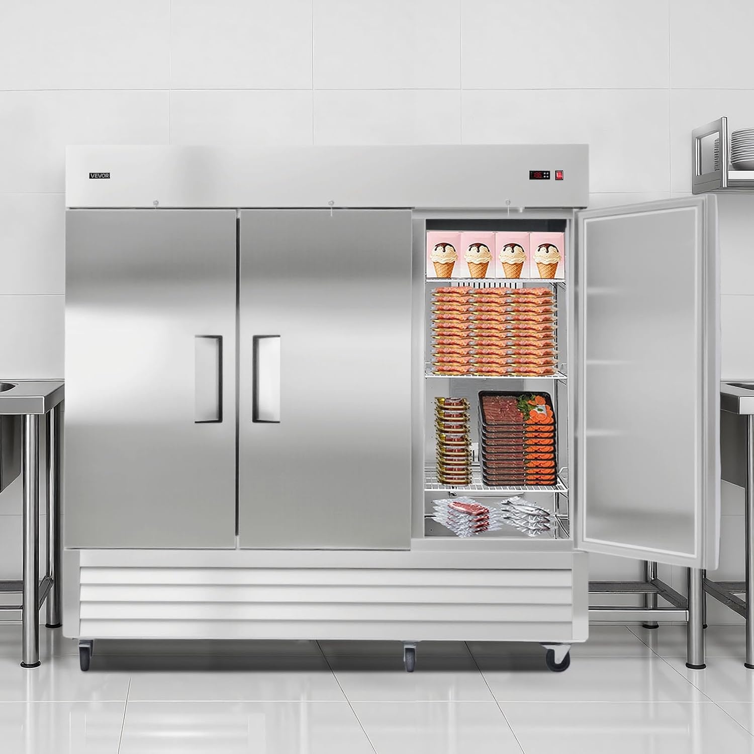 image:imageVEVOR Commercial ReachIn Refrigerator 54 W 44 CuFt Stainless Steel Upright Refrigerator with Double Glass Doors AutoDefrost 8 Adjustable Shelves 32 to 50 Temp Control ETL Certified85W 3 DoorsFreezer