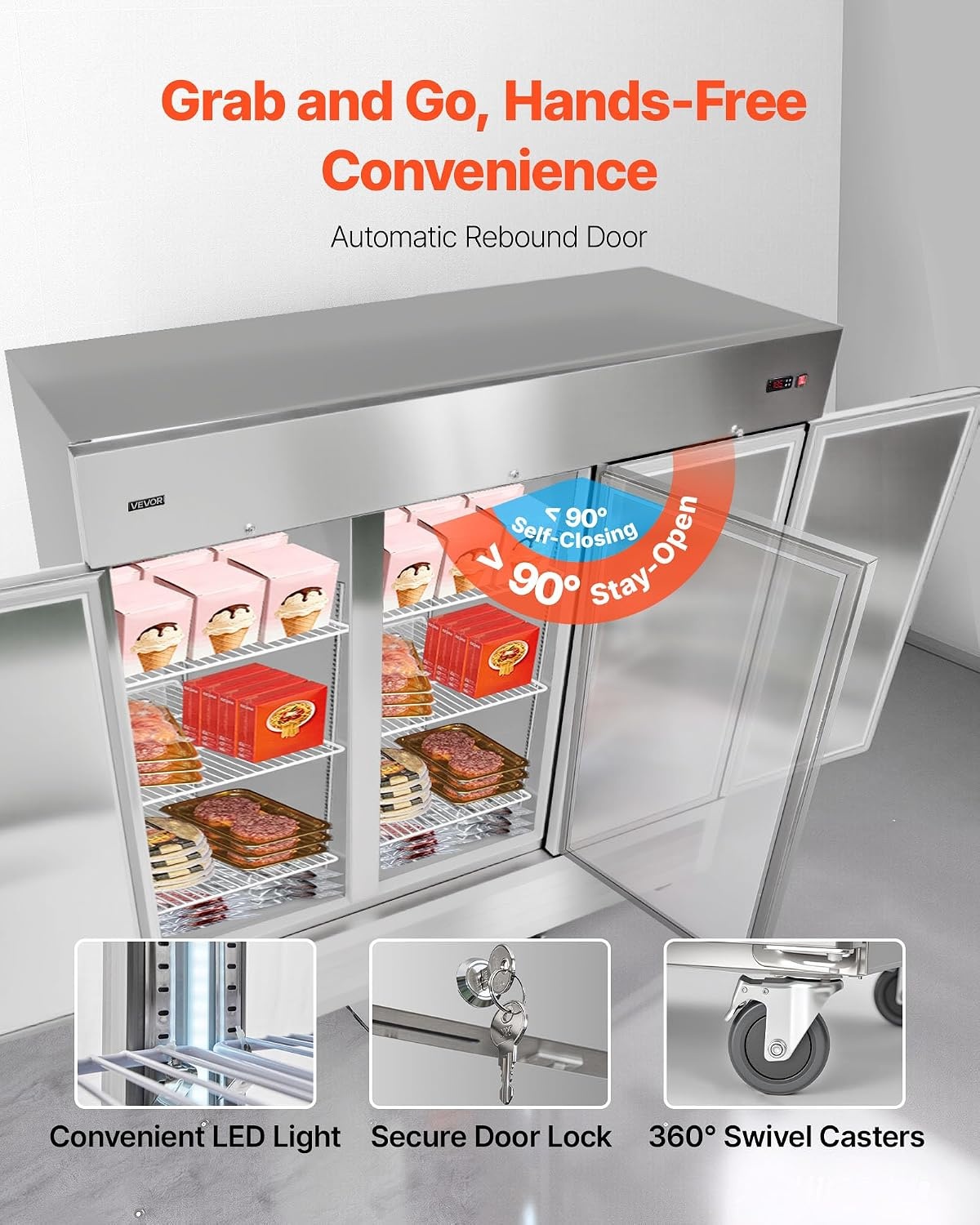 image:imageVEVOR Commercial ReachIn Refrigerator 54 W 44 CuFt Stainless Steel Upright Refrigerator with Double Glass Doors AutoDefrost 8 Adjustable Shelves 32 to 50 Temp Control ETL Certified85W 3 DoorsFreezer