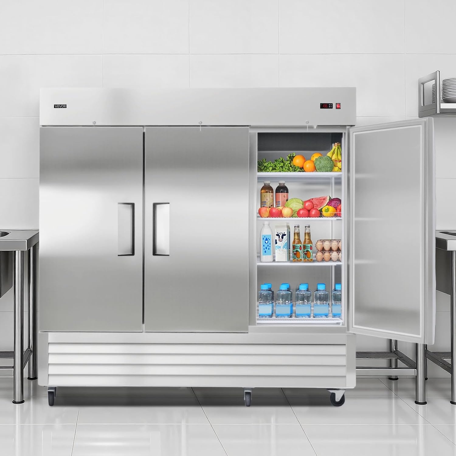 image:imageVEVOR Commercial ReachIn Refrigerator 54 W 44 CuFt Stainless Steel Upright Refrigerator with Double Glass Doors AutoDefrost 8 Adjustable Shelves 32 to 50 Temp Control ETL Certified85W 3 DoorsRefrigerator