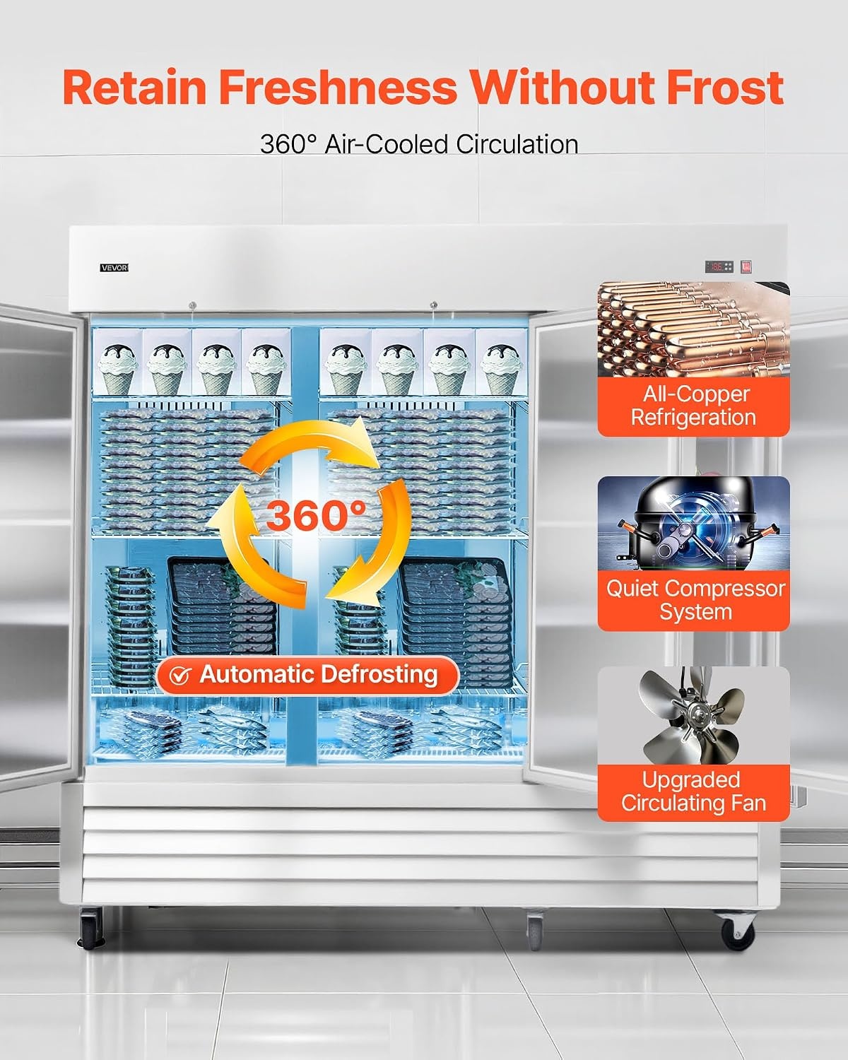 image:imageVEVOR Commercial ReachIn Refrigerator 54 W 44 CuFt Stainless Steel Upright Refrigerator with Double Glass Doors AutoDefrost 8 Adjustable Shelves 32 to 50 Temp Control ETL Certified85W 3 DoorsFreezer