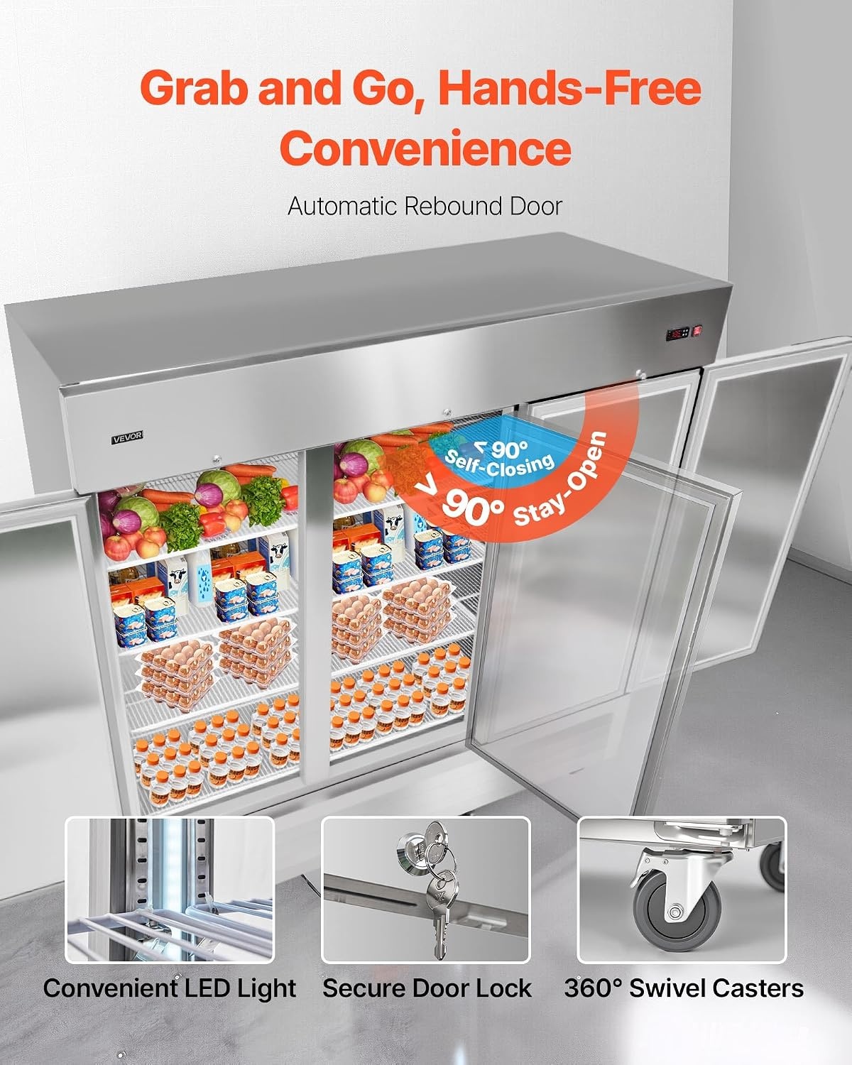 image:imageVEVOR Commercial ReachIn Refrigerator 54 W 44 CuFt Stainless Steel Upright Refrigerator with Double Glass Doors AutoDefrost 8 Adjustable Shelves 32 to 50 Temp Control ETL Certified85W 3 DoorsRefrigerator