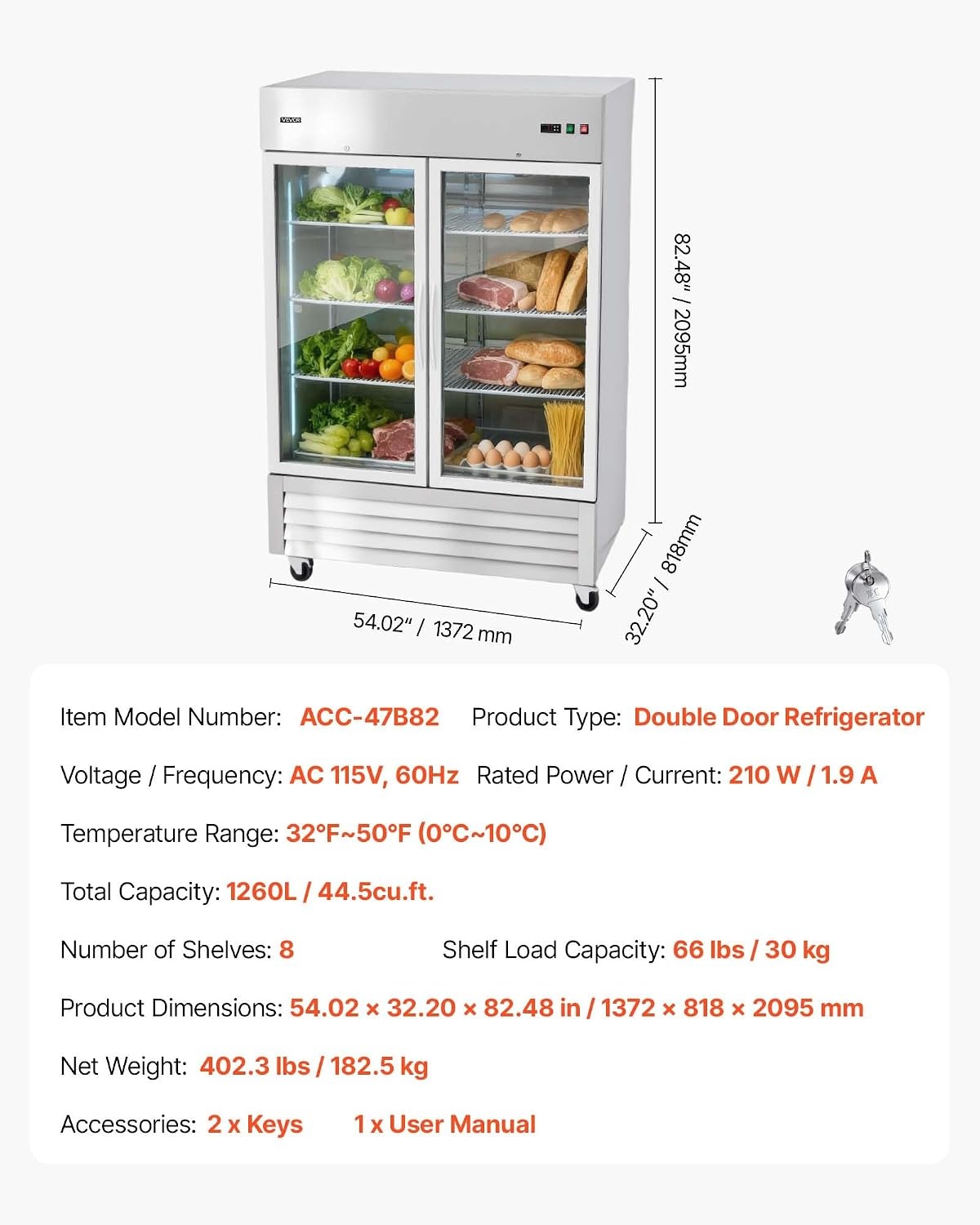 image:imageVEVOR Commercial ReachIn Refrigerator 54 W 44 CuFt Stainless Steel Upright Refrigerator with Double Glass Doors AutoDefrost 8 Adjustable Shelves 32 to 50 Temp Control ETL Certified54W 2 Glass DoorsRefrigerator