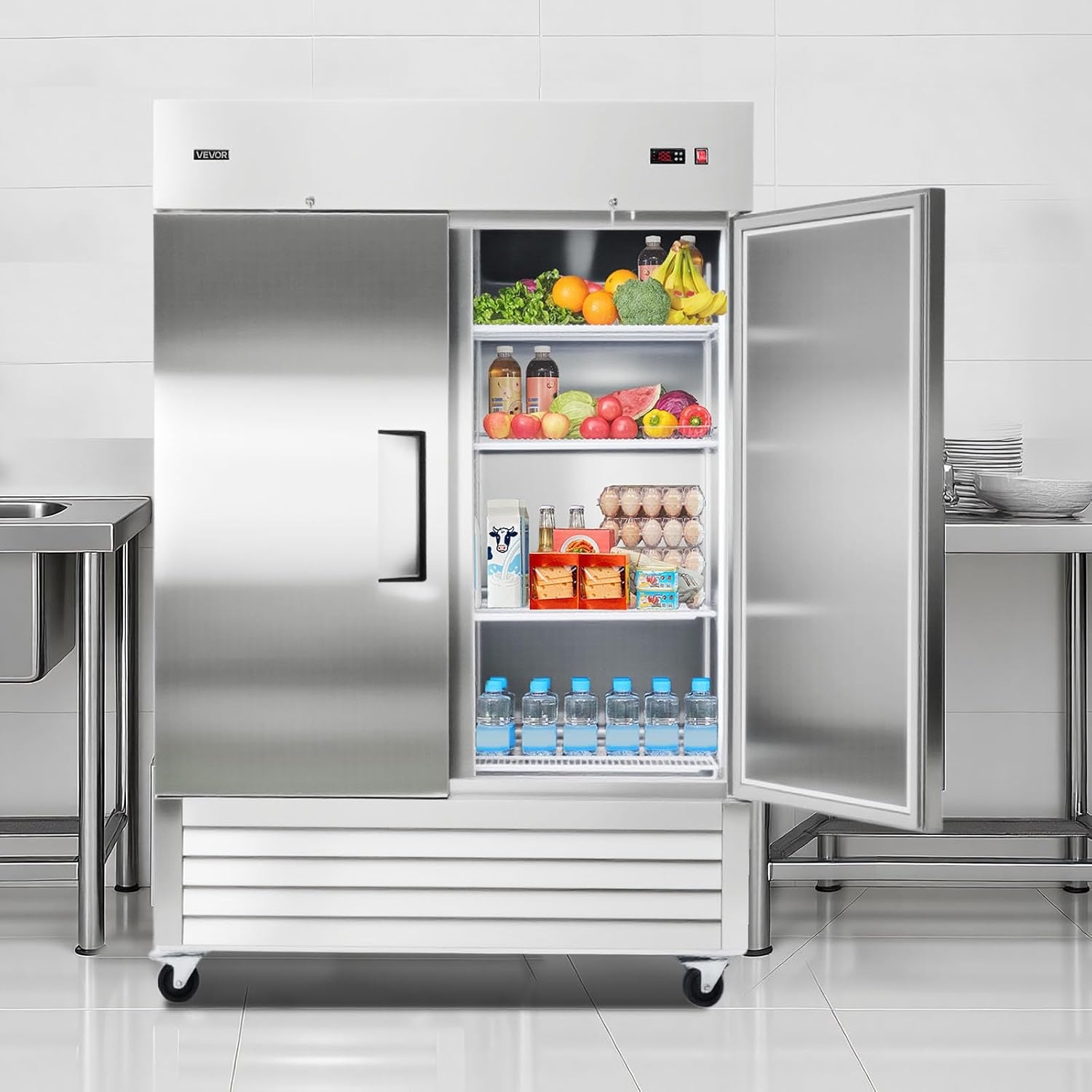 image:imageVEVOR Commercial ReachIn Refrigerator 54 W 44 CuFt Stainless Steel Upright Refrigerator with Double Glass Doors AutoDefrost 8 Adjustable Shelves 32 to 50 Temp Control ETL Certified54W 2 DoorsRefrigerator