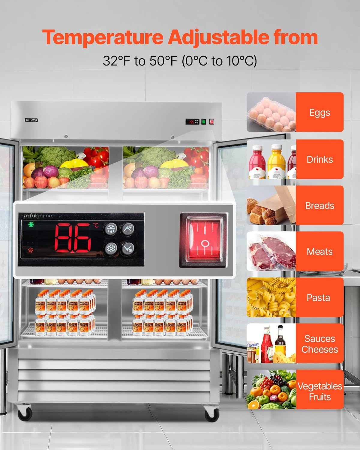 image:imageVEVOR Commercial ReachIn Refrigerator 54 W 44 CuFt Stainless Steel Upright Refrigerator with Double Glass Doors AutoDefrost 8 Adjustable Shelves 32 to 50 Temp Control ETL Certified54W 2 Glass DoorsRefrigerator