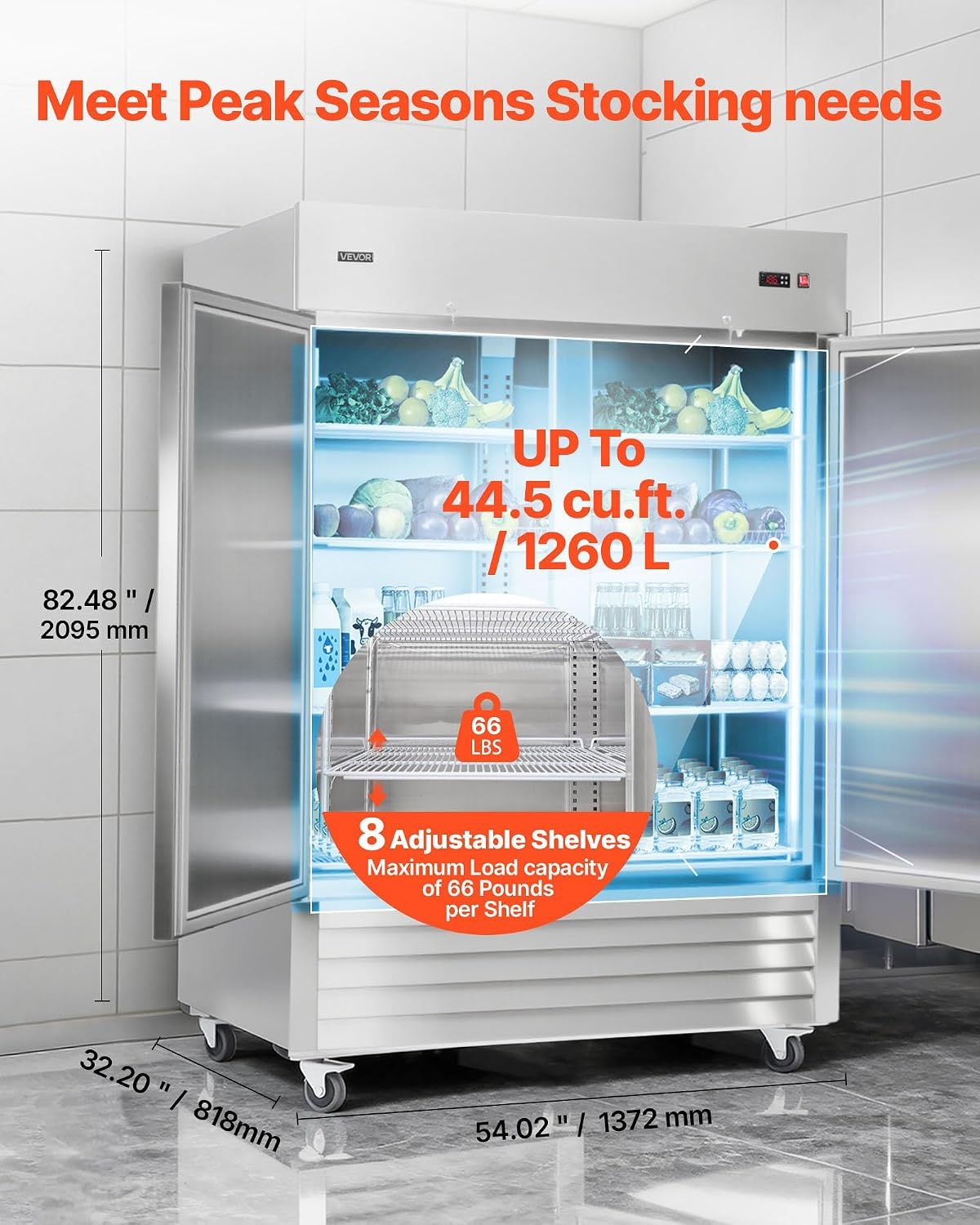 image:imageVEVOR Commercial ReachIn Refrigerator 54 W 44 CuFt Stainless Steel Upright Refrigerator with Double Glass Doors AutoDefrost 8 Adjustable Shelves 32 to 50 Temp Control ETL Certified54W 2 DoorsRefrigerator